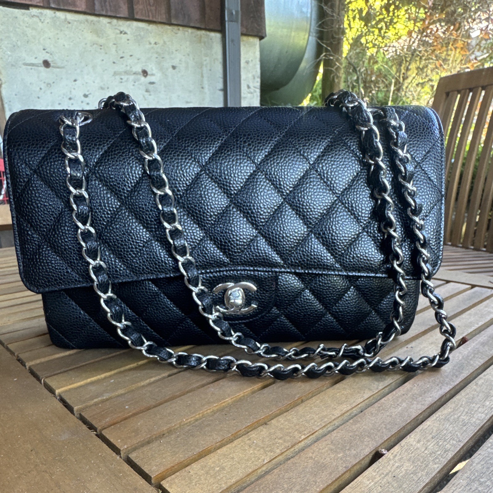 CHANEL Black Classic Double Flap Shoulder Bag Silver Chain Burgundy Lining Charm