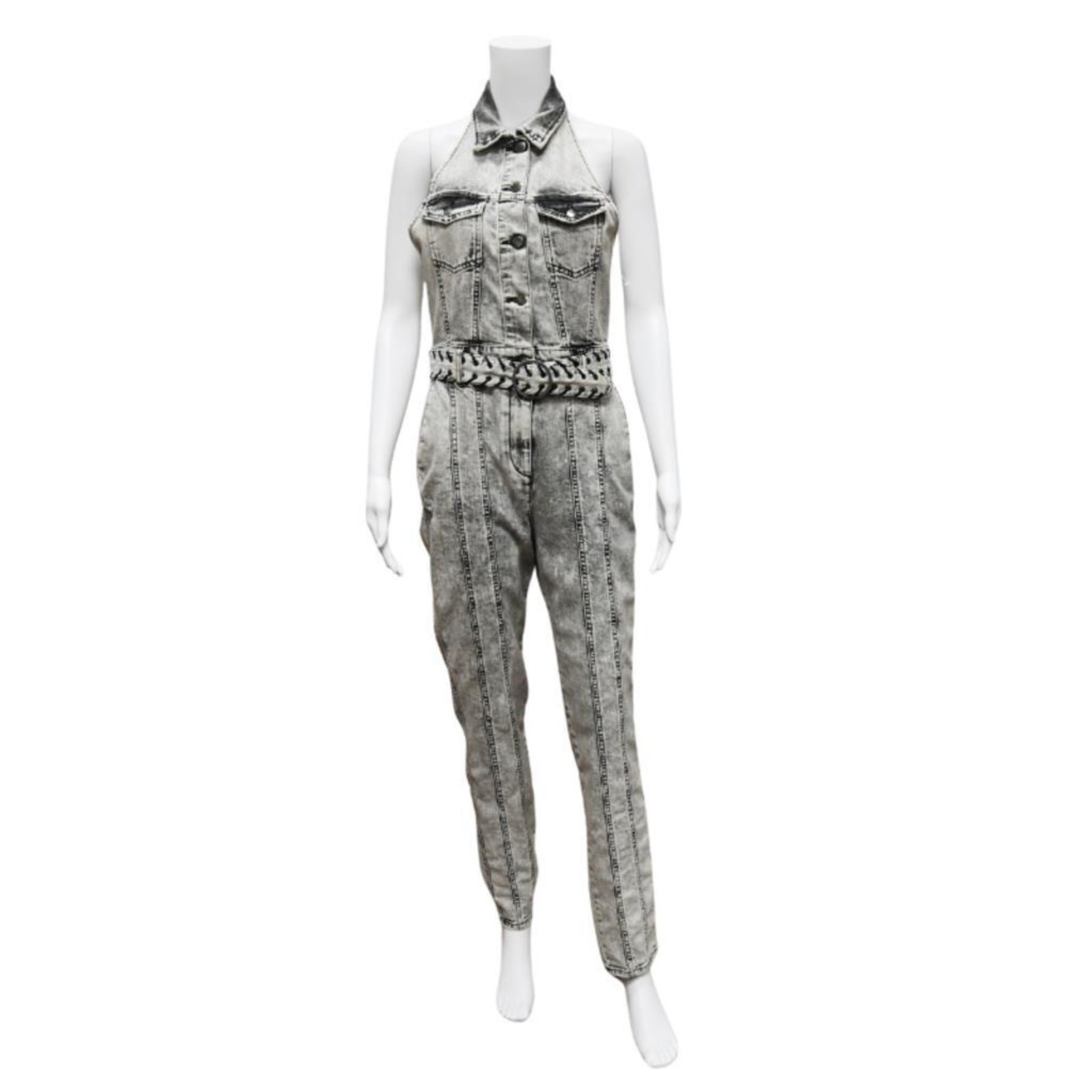 Retrofete Ben Acid Wash Cotton Denim Halter Jumpsuit Size US 6 Gray Belted