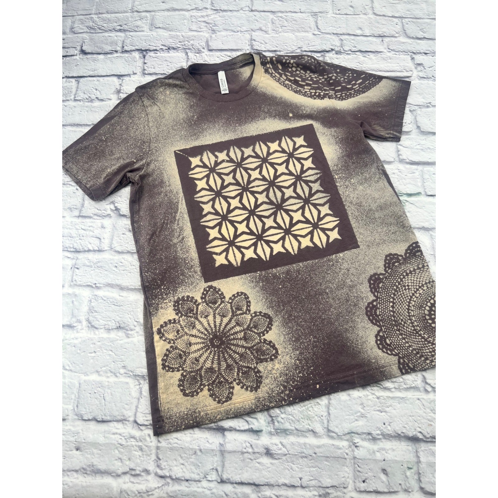 Bella Canvas Custom Bleach Dye T Shirt Plum Purple Doily Geometric Stencil Large