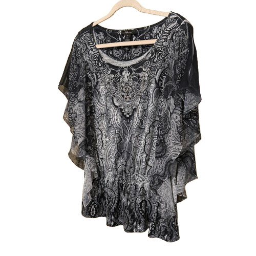 Style & Co. Batwing Chiffon Sleeve Top XL Black Gray Paisley Boho Whimsigoth