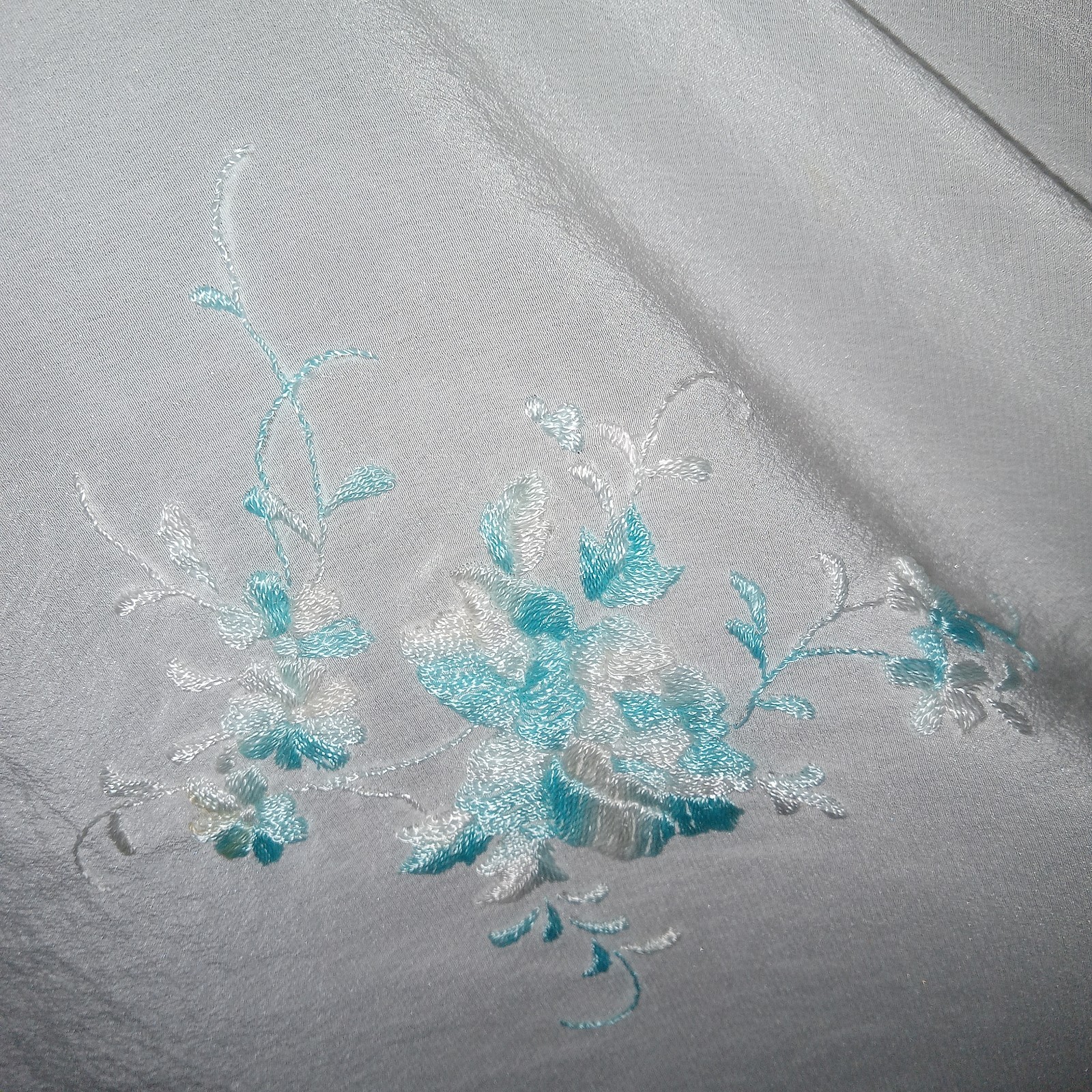 Vintage 100% Silk Embroidered Scarf Teal & Blue On Cream 13×53″ Set Of 2 Read