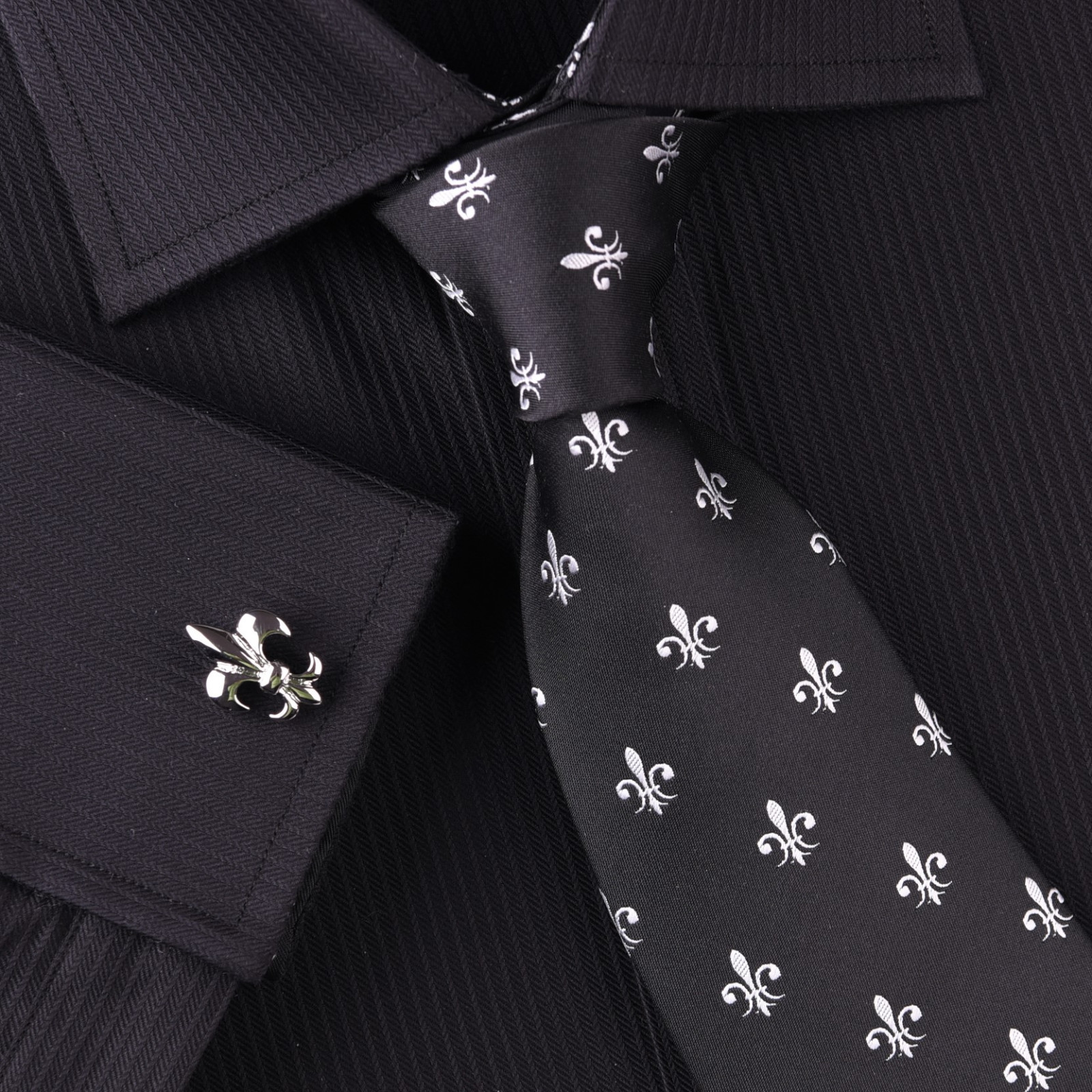Black Italian Fleur-De-Lis White Designer Tie 8cm Necktie Mens Accessory Fashion