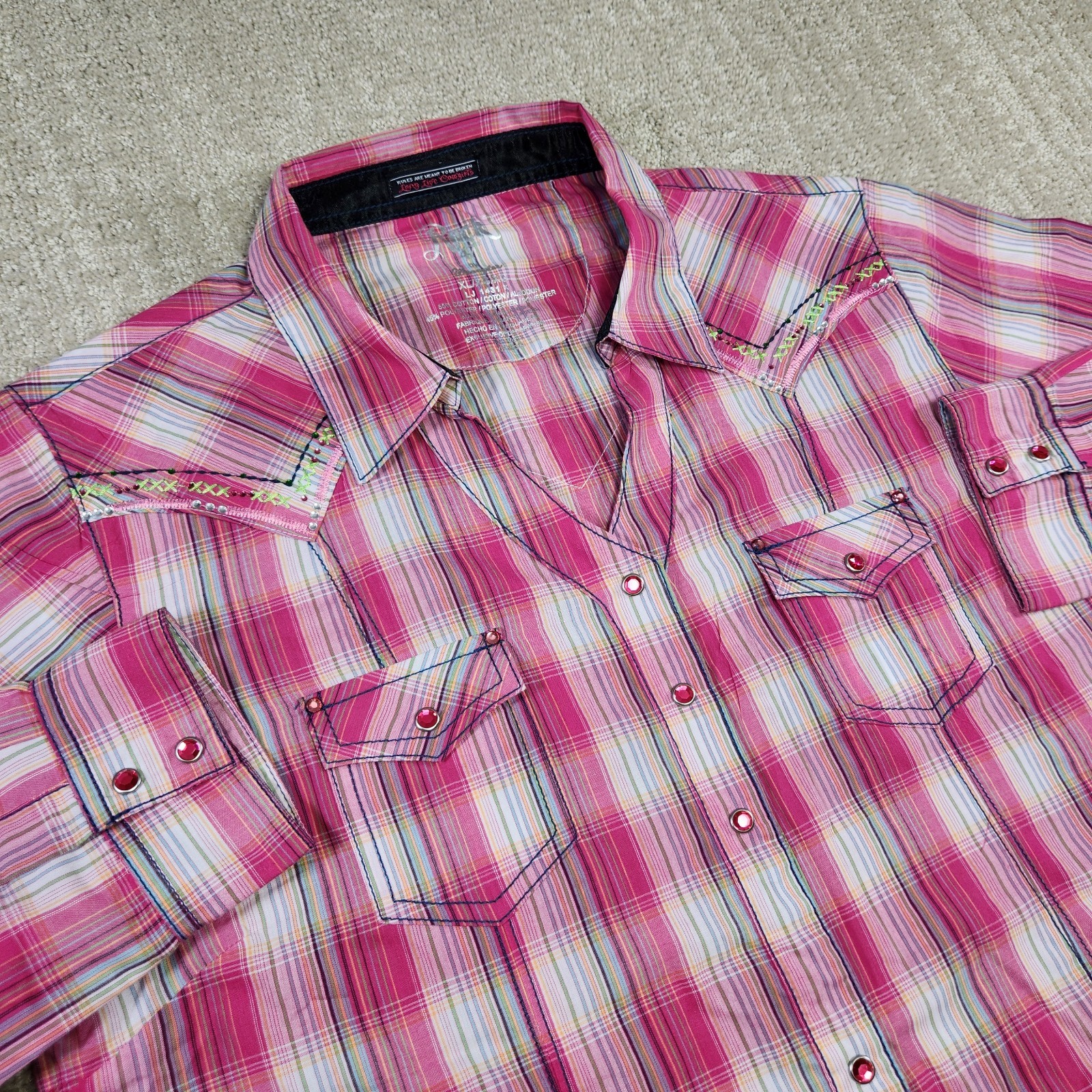 Wrangler Rock 47 Shirt Womens XL Western Plaid Pearl Snap Pink Cowgirl Rodeo