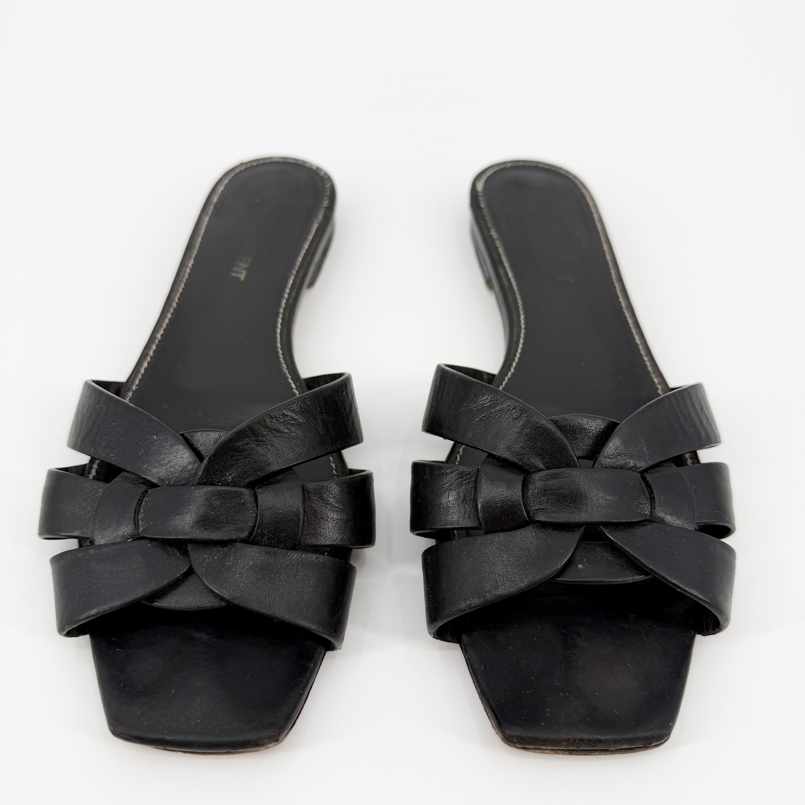 Saint Laurent Tribute Flat Woven Leather Sandals Black Slides Mules 37.5 US 7