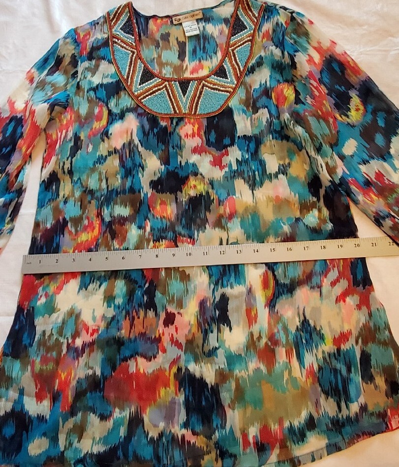 Cute Options Beaded Tunic Women’s Size Medium Floral Sheer Gauzy Cruise-wear 