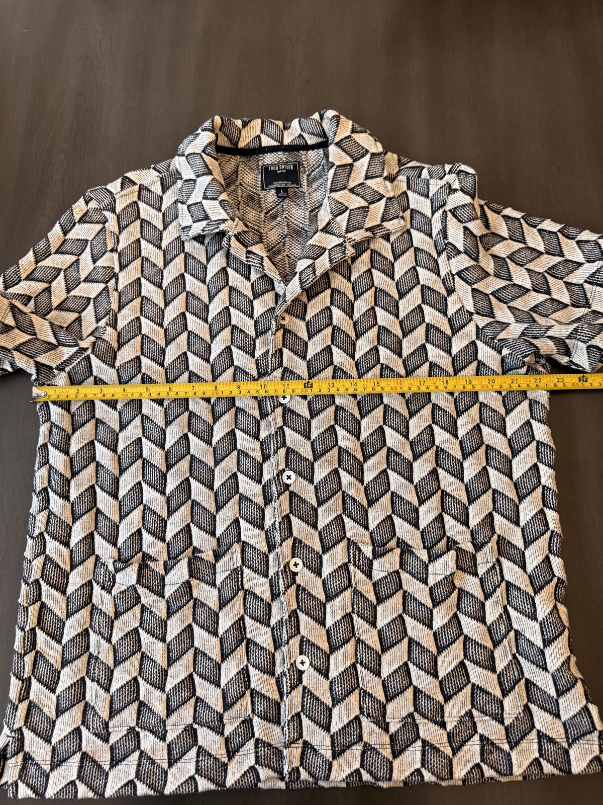 Todd Snyder Shirt Mens Large Black Geometric Knit Button Up Short Sleeve Pockets