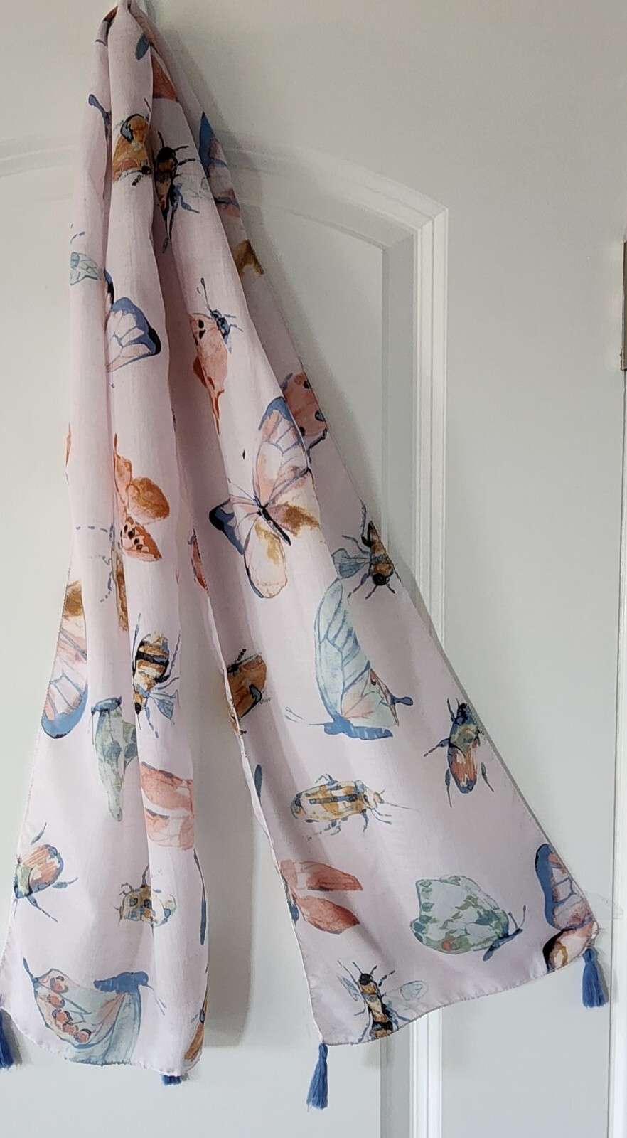 Pink Butterflies Insects Scarf Blue Tassels 58 In Lightweight