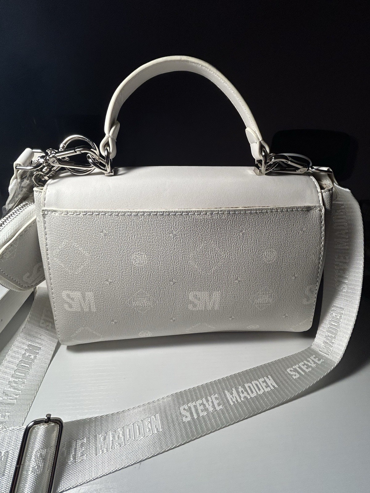 Steve Madden White Quilted Satchel Top Handle Crossbody Detachable Strap Charm
