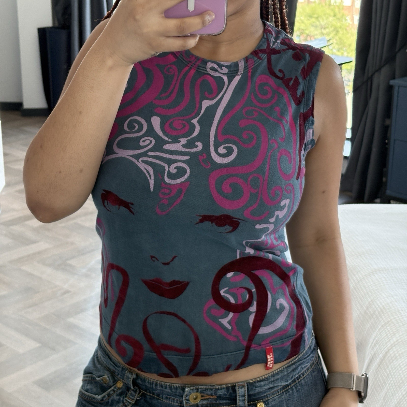 Miss Sixty Graphic Tank Top Y2K Teal Blue Pink Face Print Velvet Devore Small