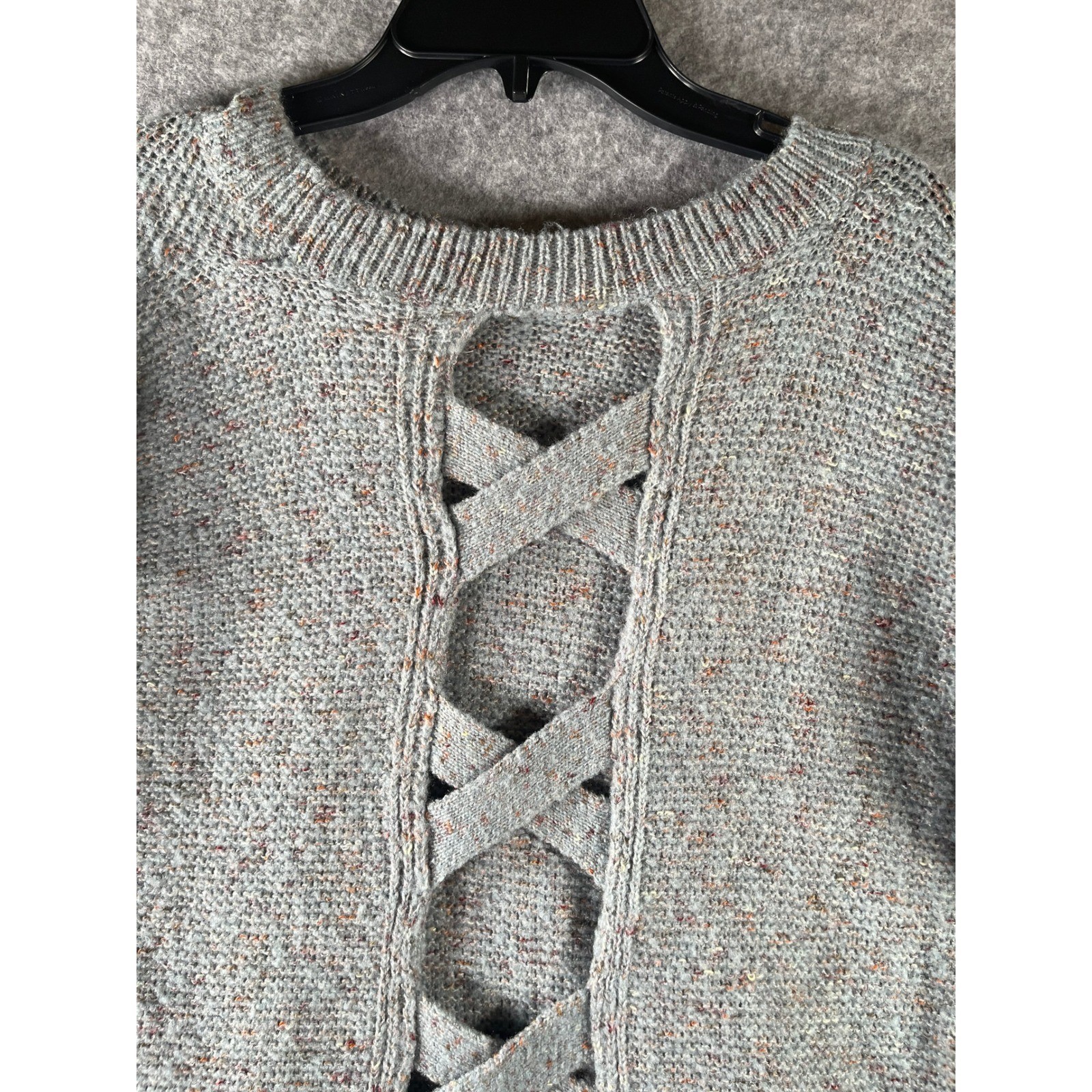 Grey Marl Lattice Back Knit Sweater Confetti Fleck Pullover Long Sleeve Crewneck