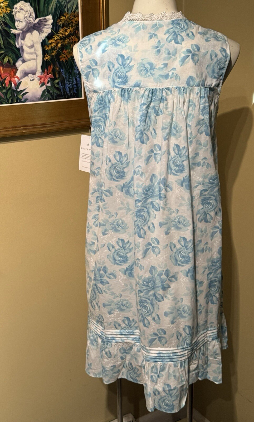 EILEEN WEST E5325037 AQUA ROSE SLEEVELESS COTTON LAWN CHEMISE NIGHTGOWN ~ MEDIUM