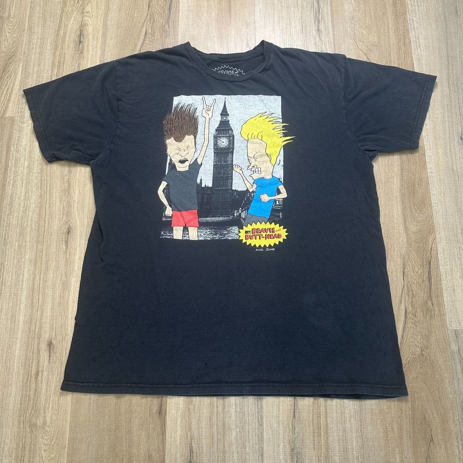 VTG Beavis and Butt-Head Mens XXL MTV Black T-Shirt London Big Ben Faded