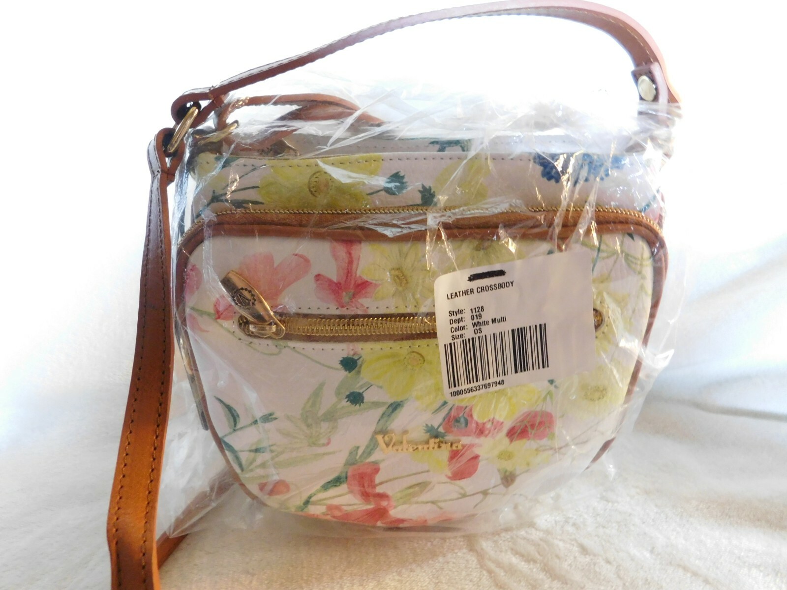 Valentina Italian Multi Entry Crossbody White + Floral Cognac Trim NWT #1