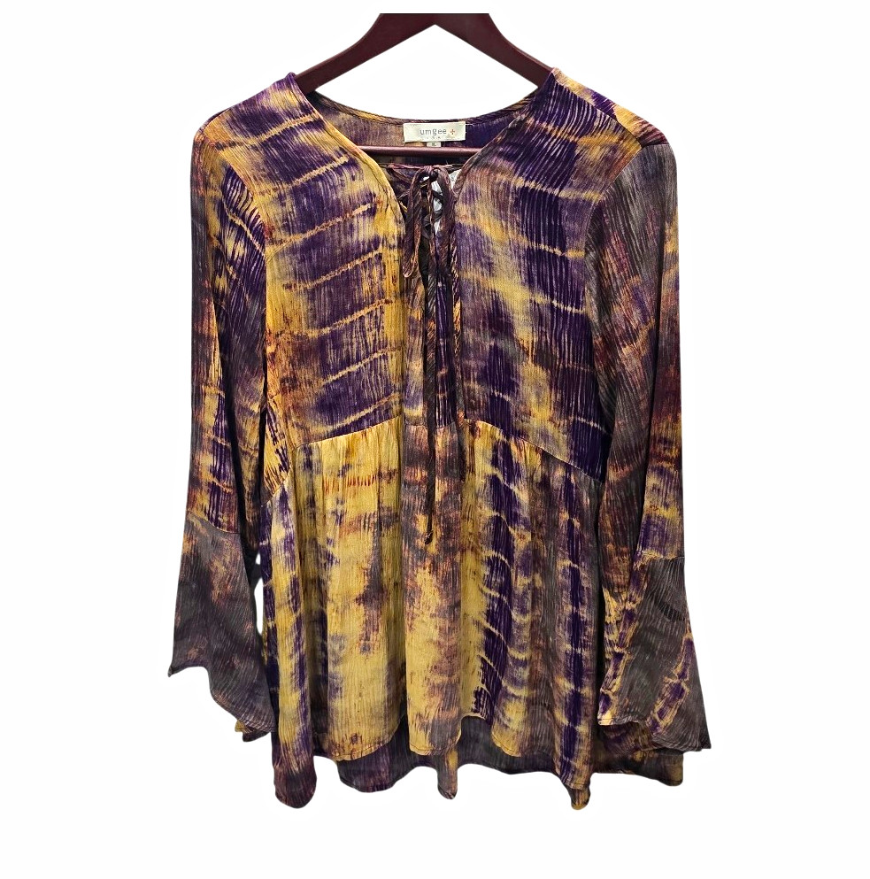 Umgee USA XL Boho Tie Dye Tunic Top Bell Sleeve Purple Flowy Western