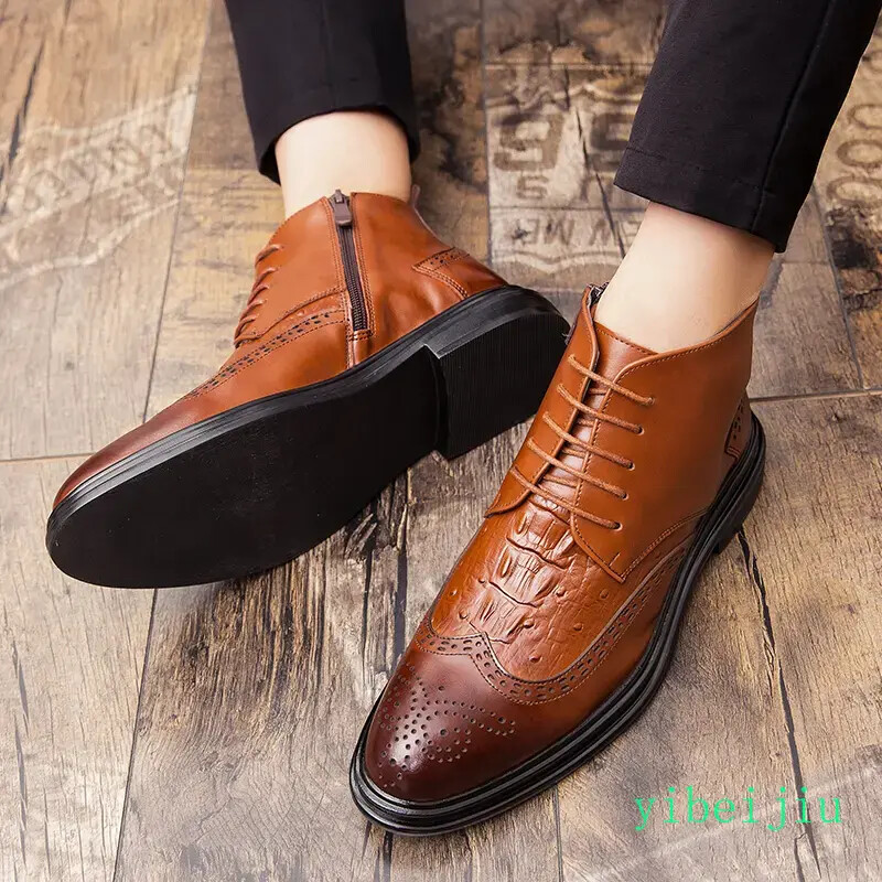 Mens Carved Brogue Shoes Business Alligator Pattern Ankle Boots Dress Lace Up