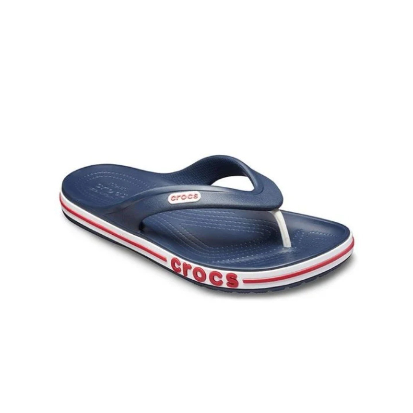 Crocs Bayaband Flip Flops Navy Blue White Red Thong Sandals Womens 9 Mens 7 NWOT