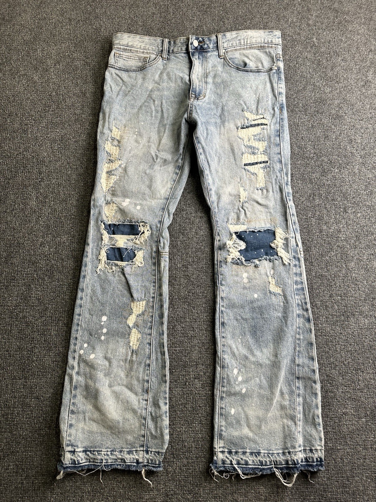 Mens First Row Distressed Paint Splatter Flare Jeans, Size 36×33