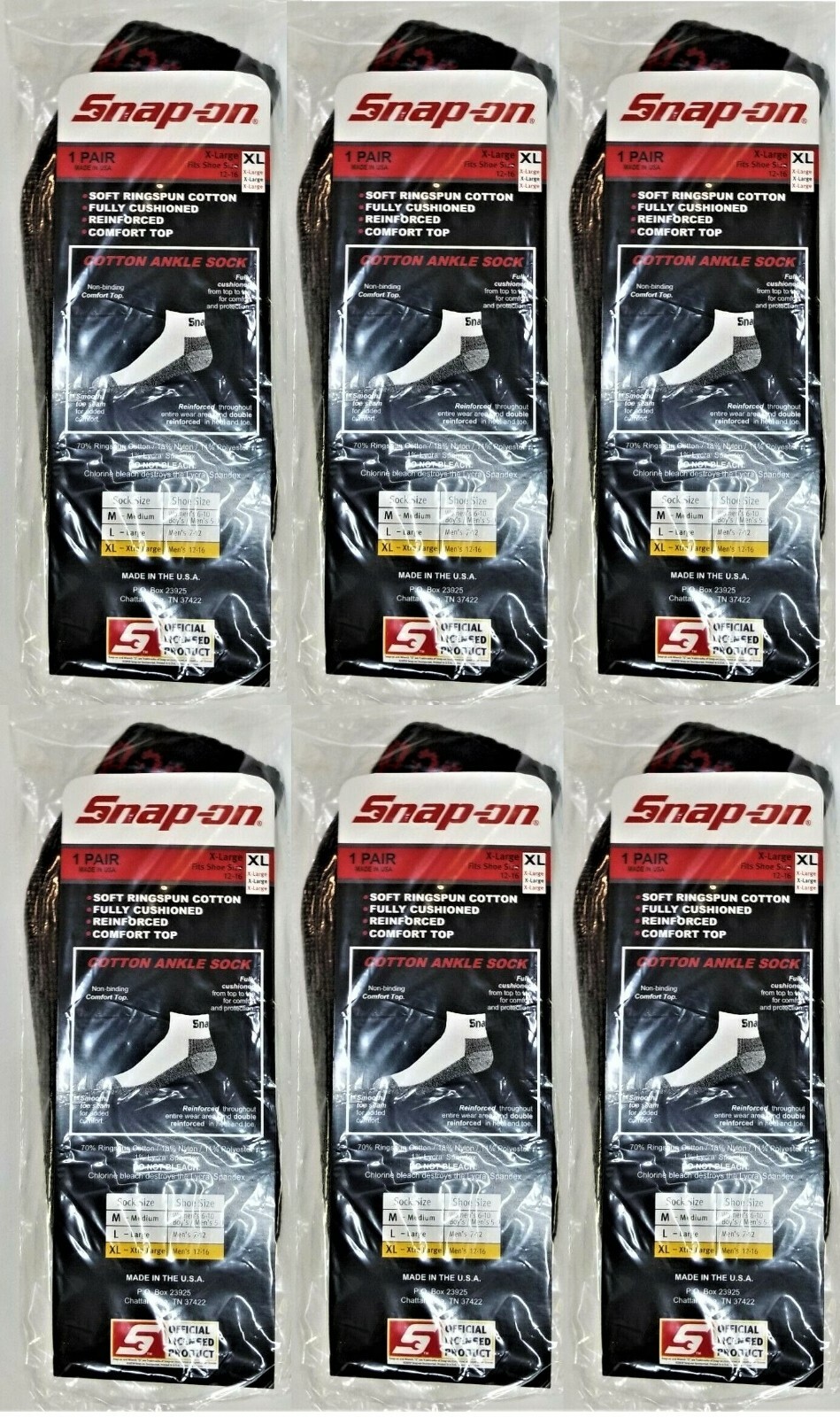 6 PAIRS Men’s BLACK Snap-On Ankle Socks X-LARGE *FREE SHIP* MADE IN USA *NEW* XL