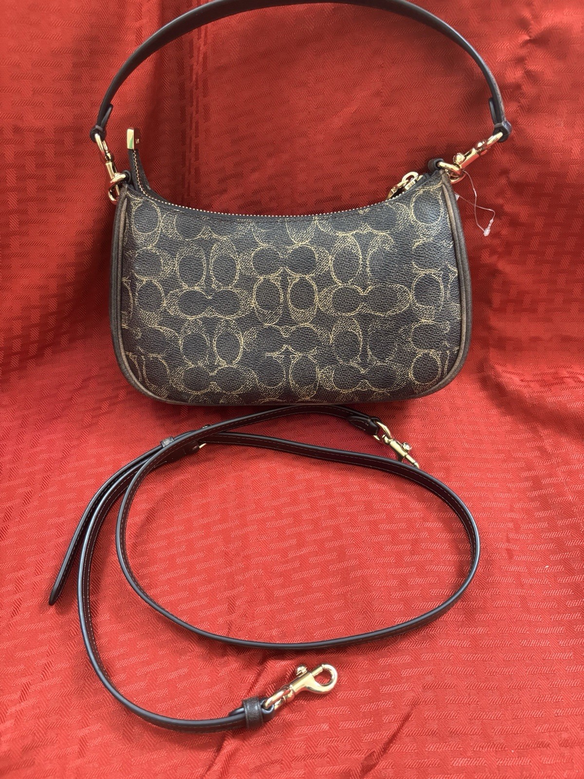 Coach Teri Small Brown Signature Logo Crescent Shoulder Bag Zip w/ Charm Strap