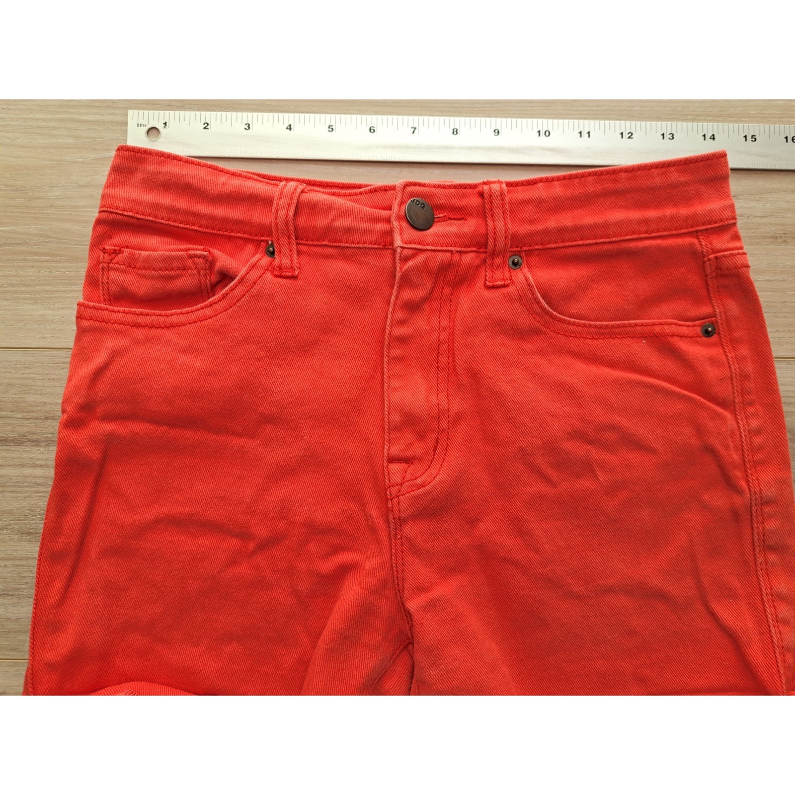 BDG Y2K Urban Outfitters High Rise Denim Shorts Coral Red Raw Hem Stretch sz 27