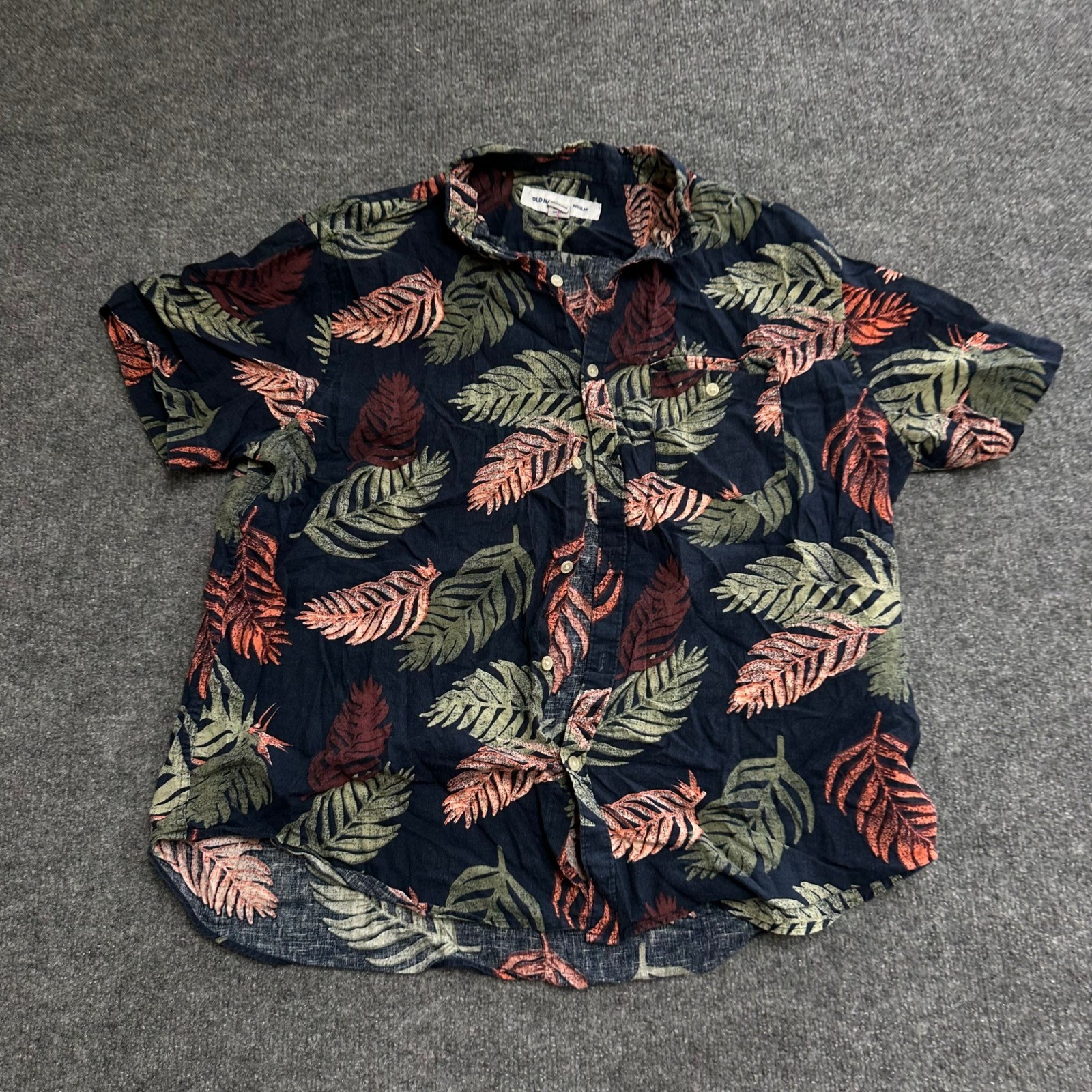 Old Navy Button Down Mens Size XL Navy Blue Tropical Linen Cotton Regular Fit