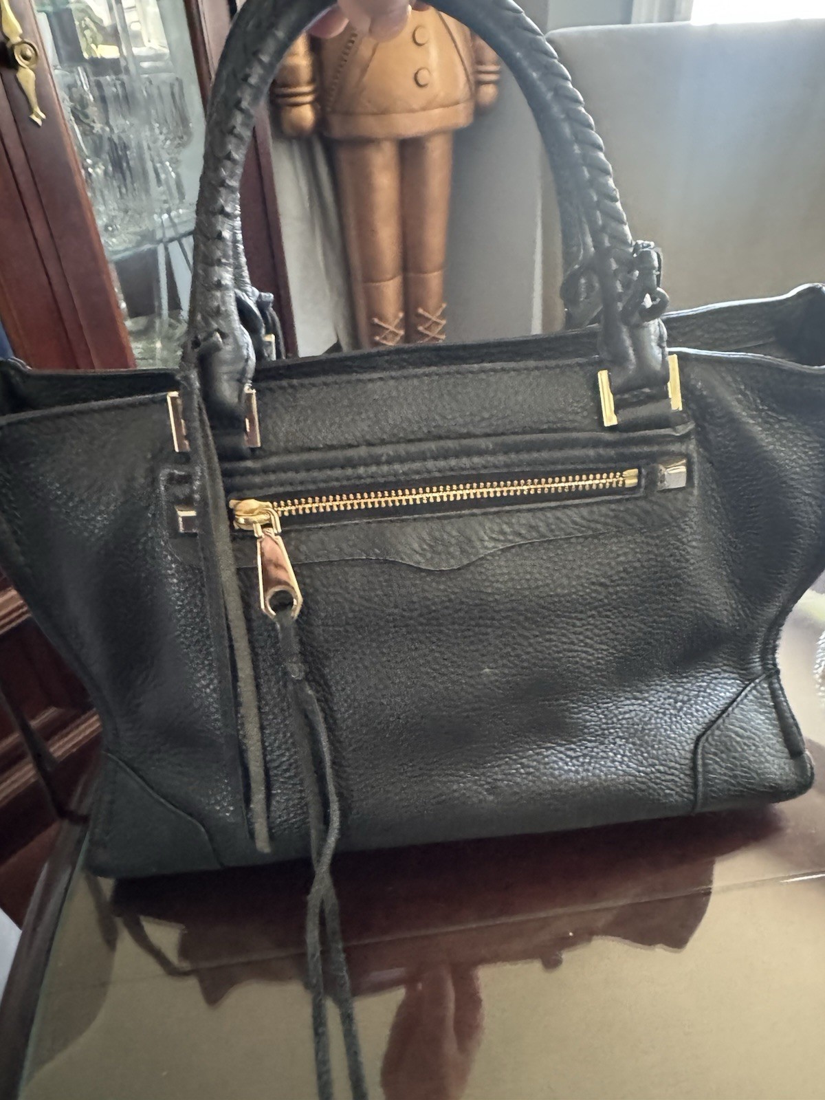 Rebecca Minkoff Black Pebbled Satchel Double Handles Gold Hardware