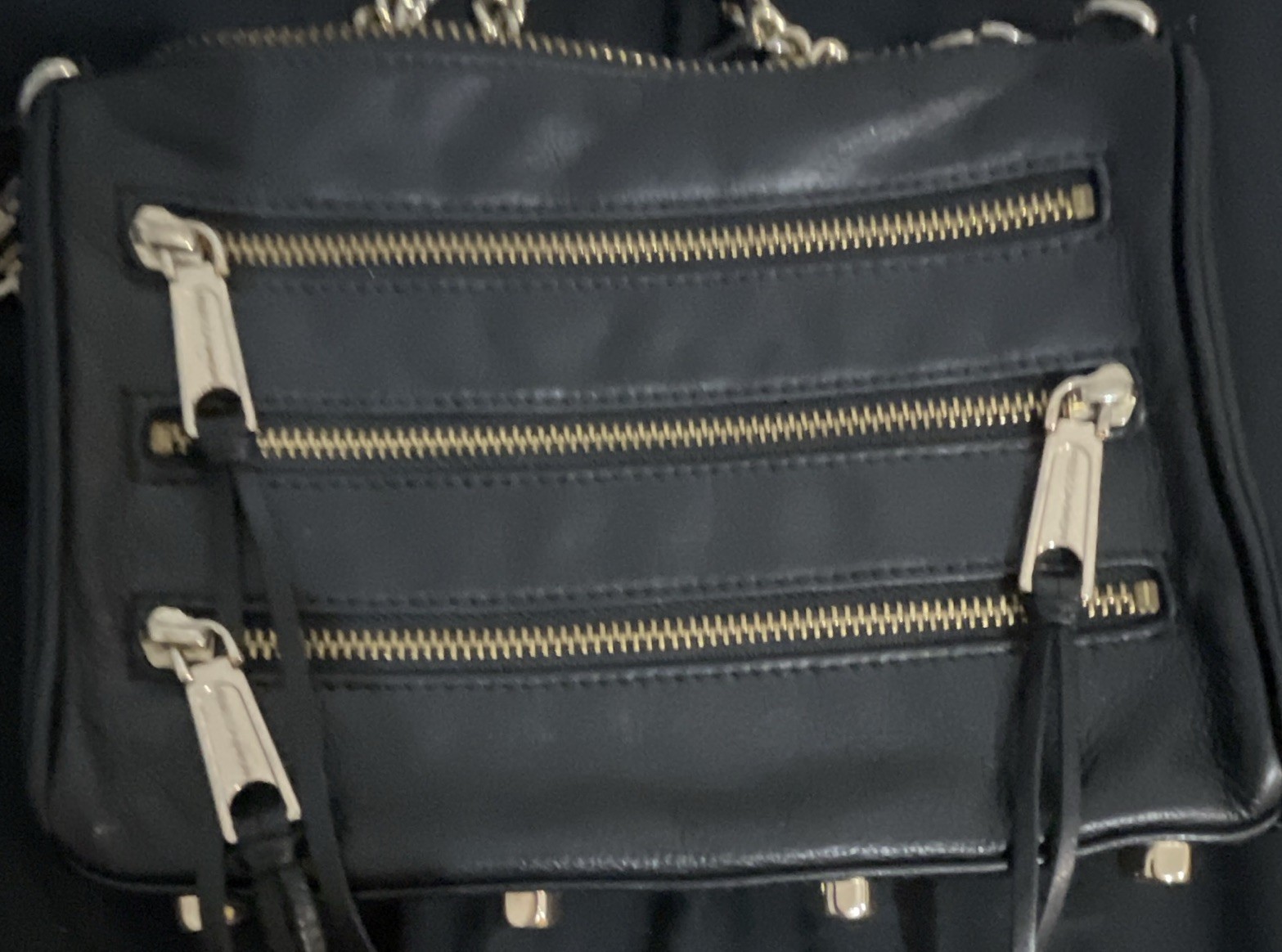 Rebecca Minkoff Black Triple Zip Crossbody Bag Chain Strap Gold Hardware
