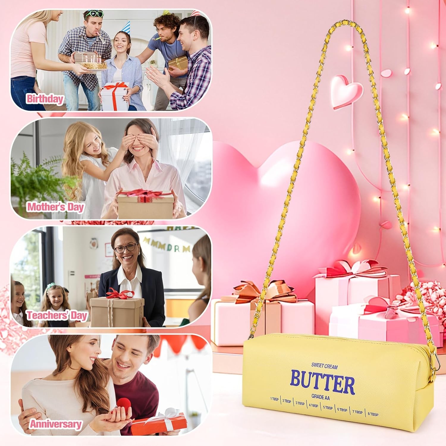 Funny Butter Stick Crossbody Bag – Soft Vegan Leather Purse with Gold Chain