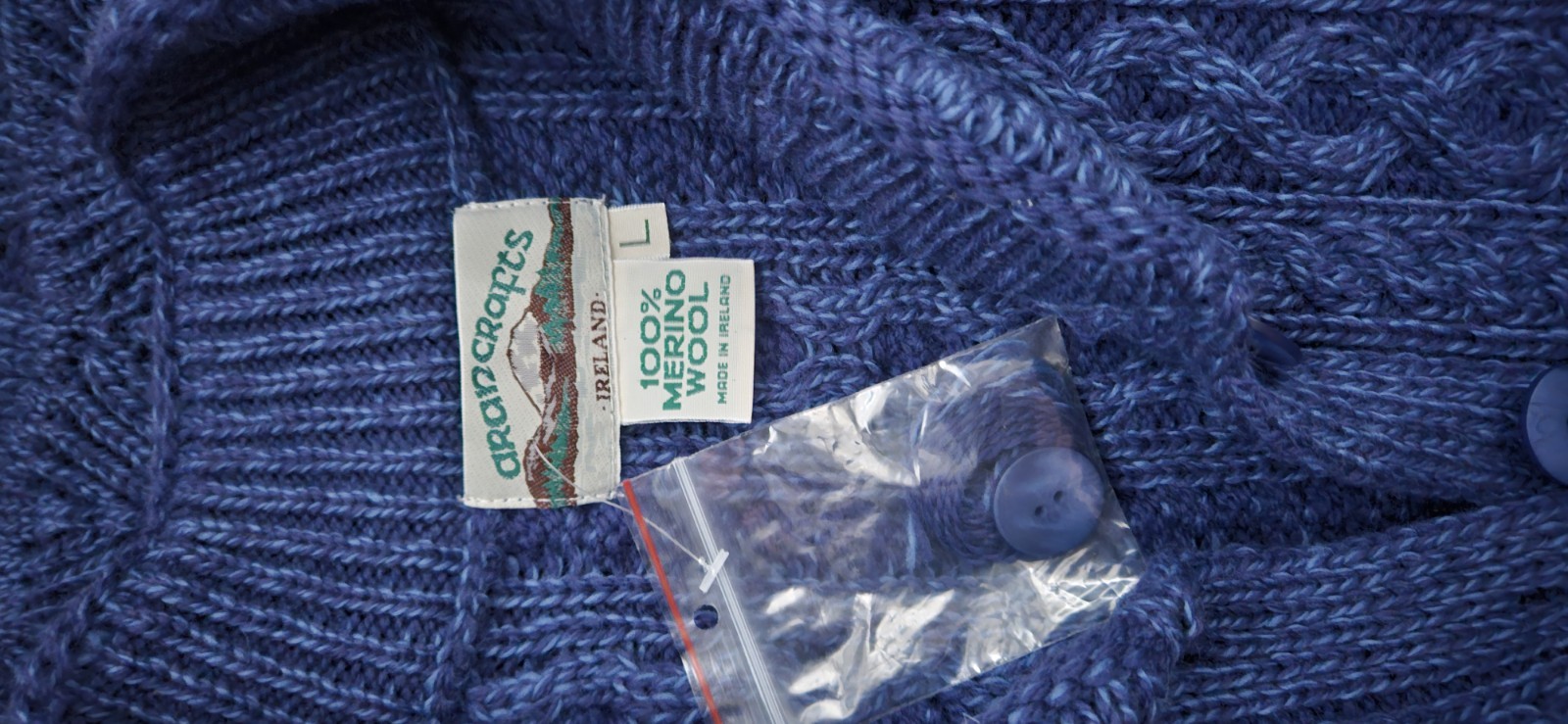 Aran Crafts 100% Merino Wool Cable Knit Cardigan Womens L Long Blue Ireland NWT