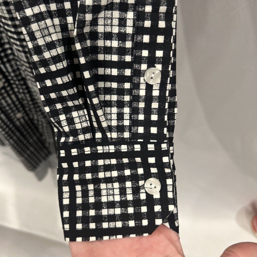 Lysse Womens Black White Grid Check Button Down Tunic Top High Low Hem Medium