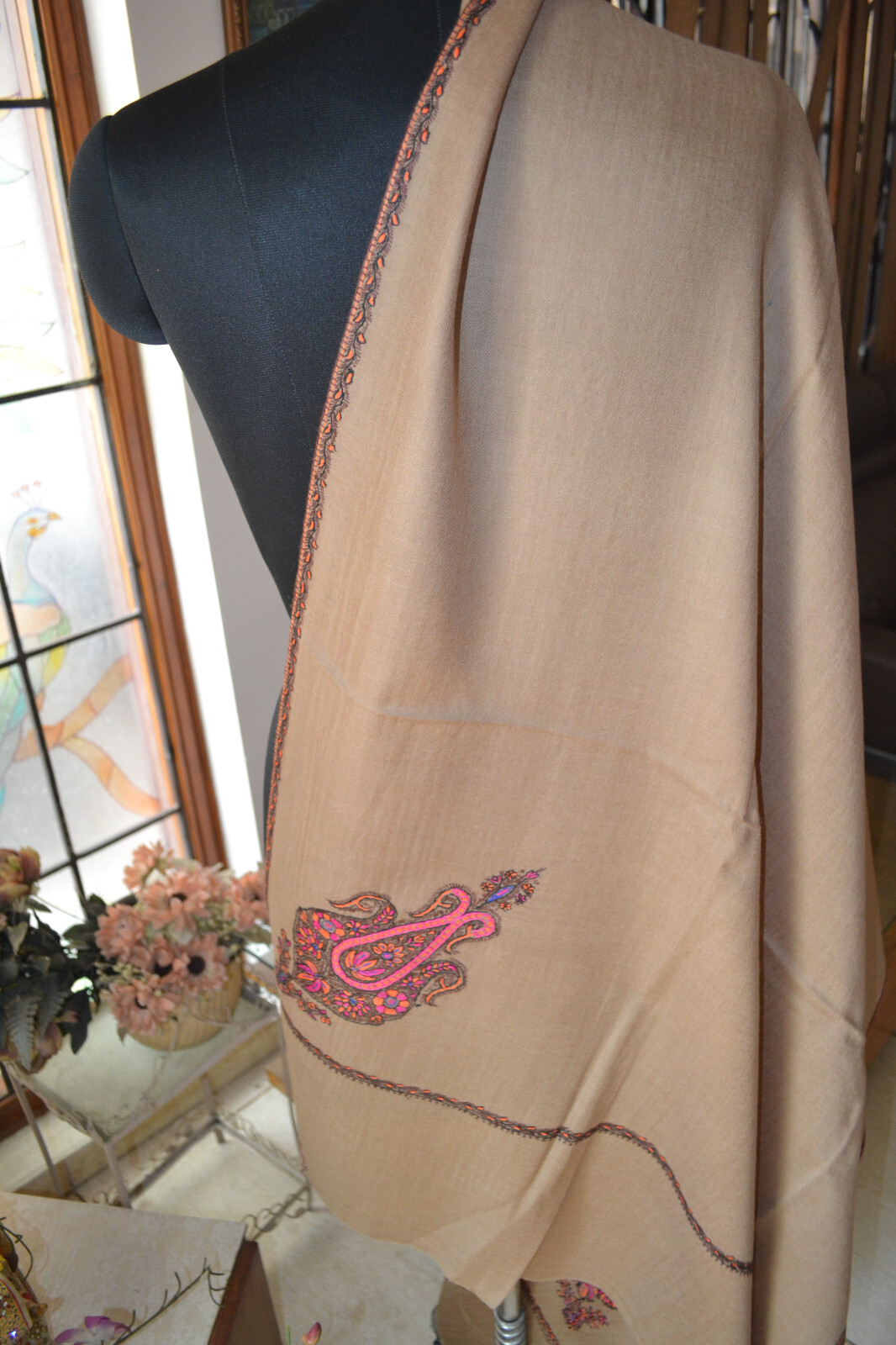 KASHMIRI HERITAGE MICRO BORDER EMBROIDERY DAUR SHAWL MOSS – CASHMERE PASHMINA