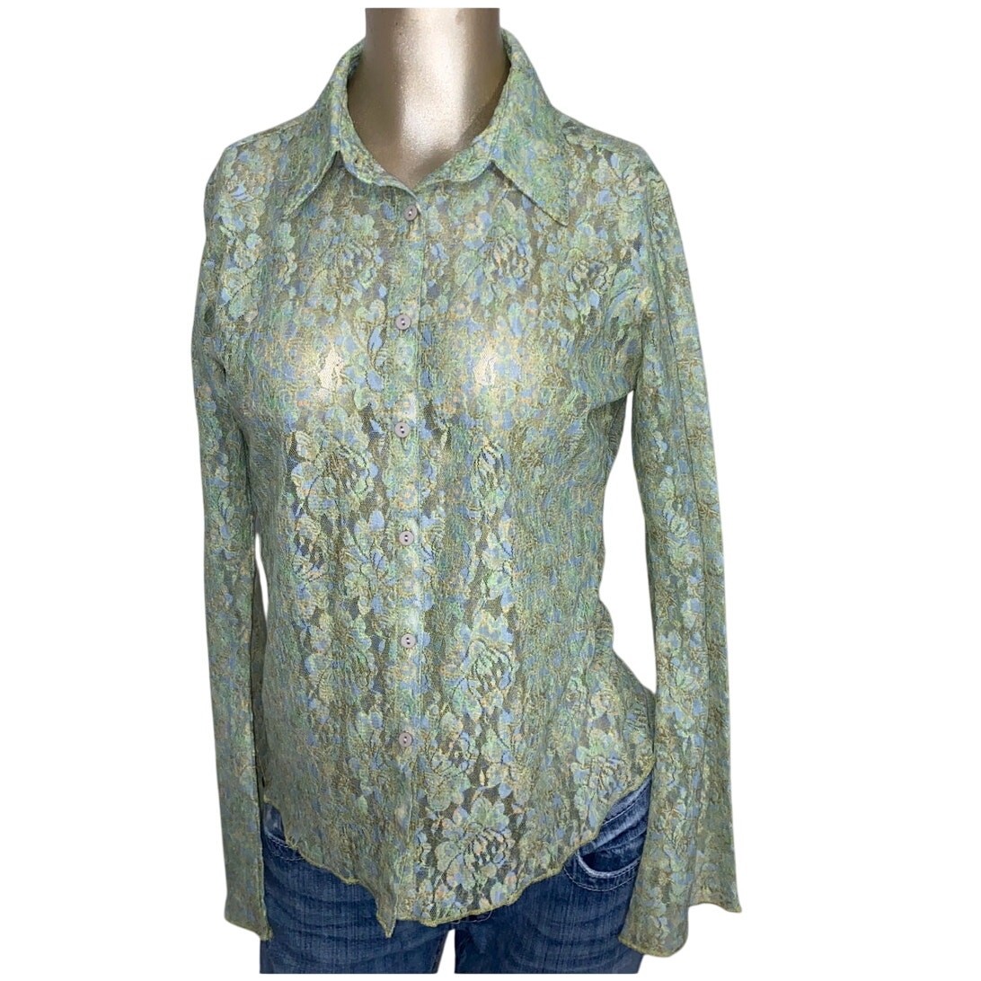 20X Women Medium Blouse Top Button up Y2K Buffy Lace Floral Flare Sleeve