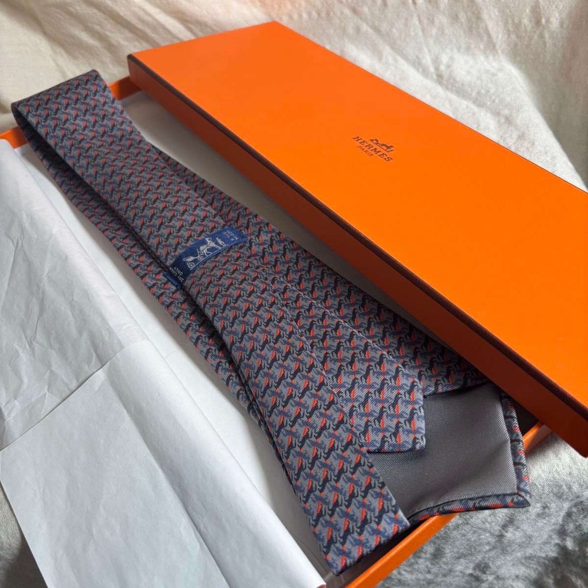 HERMES Tie High Quality Silk Gray Orange Horse Pattern 549084984