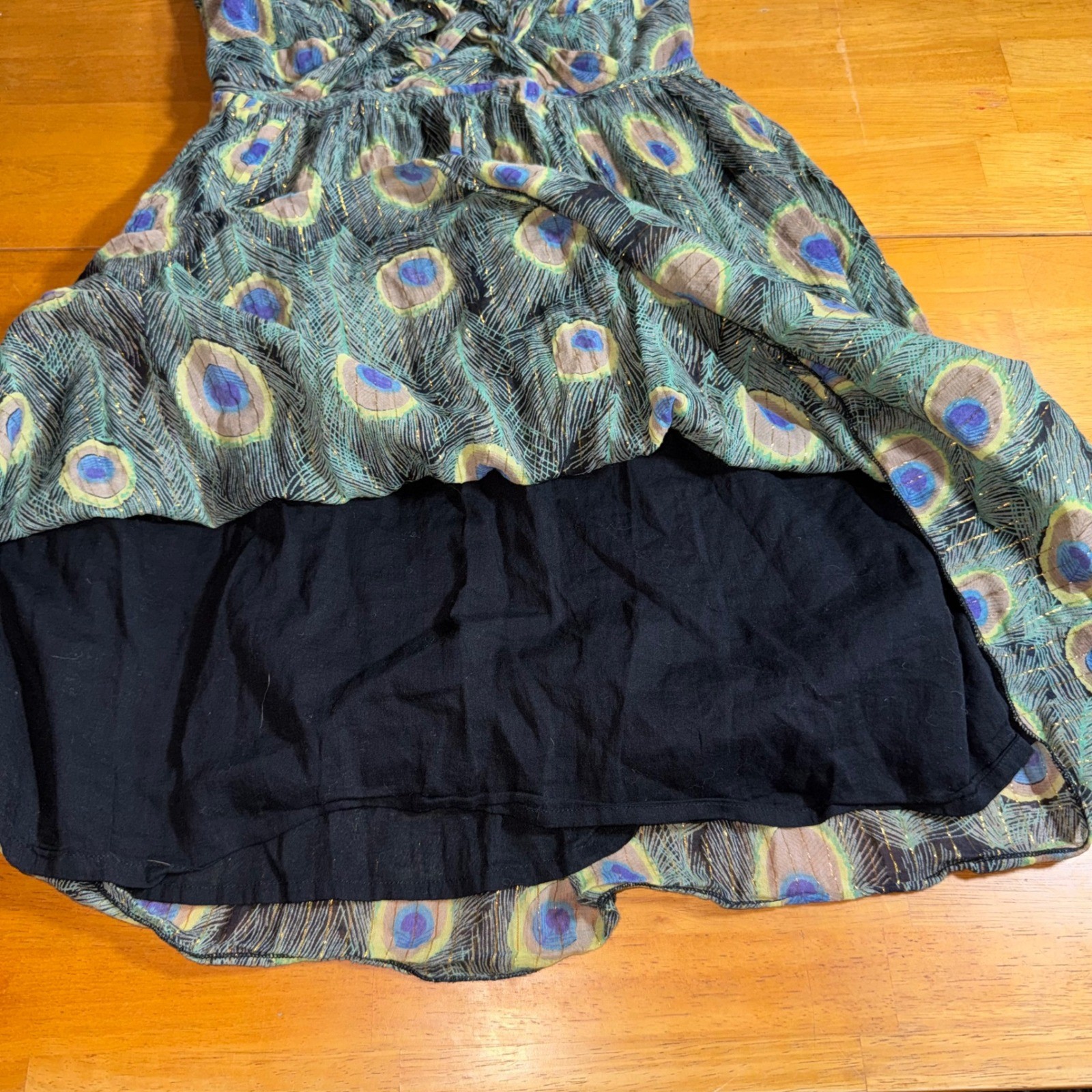 Pura Vida Peacock Feather Print Mini Dress Gold Metallic Cotton Green Blue Sz 6