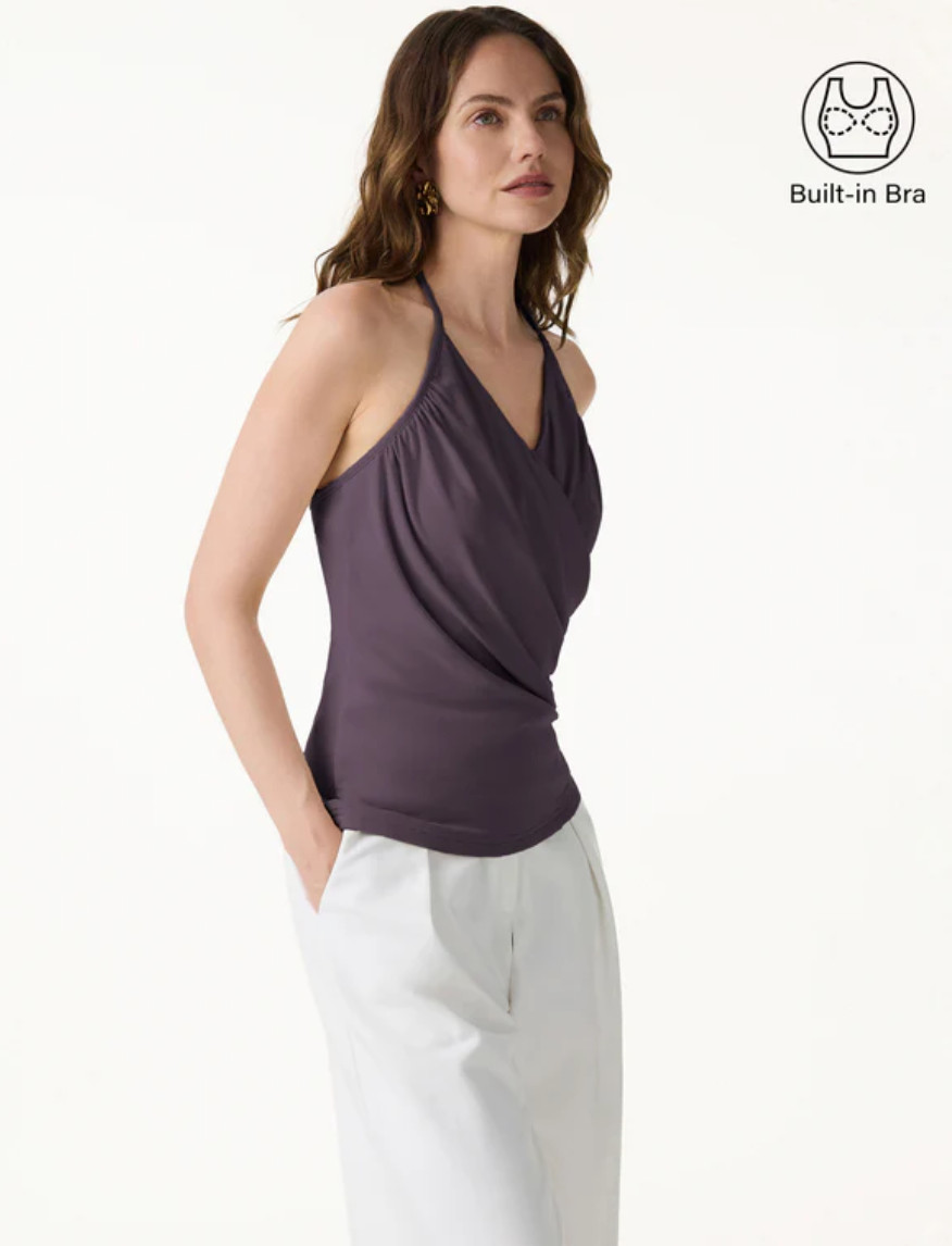 Oglmove Modal Halter Neck Surplice Ruched Bandless Bra Top