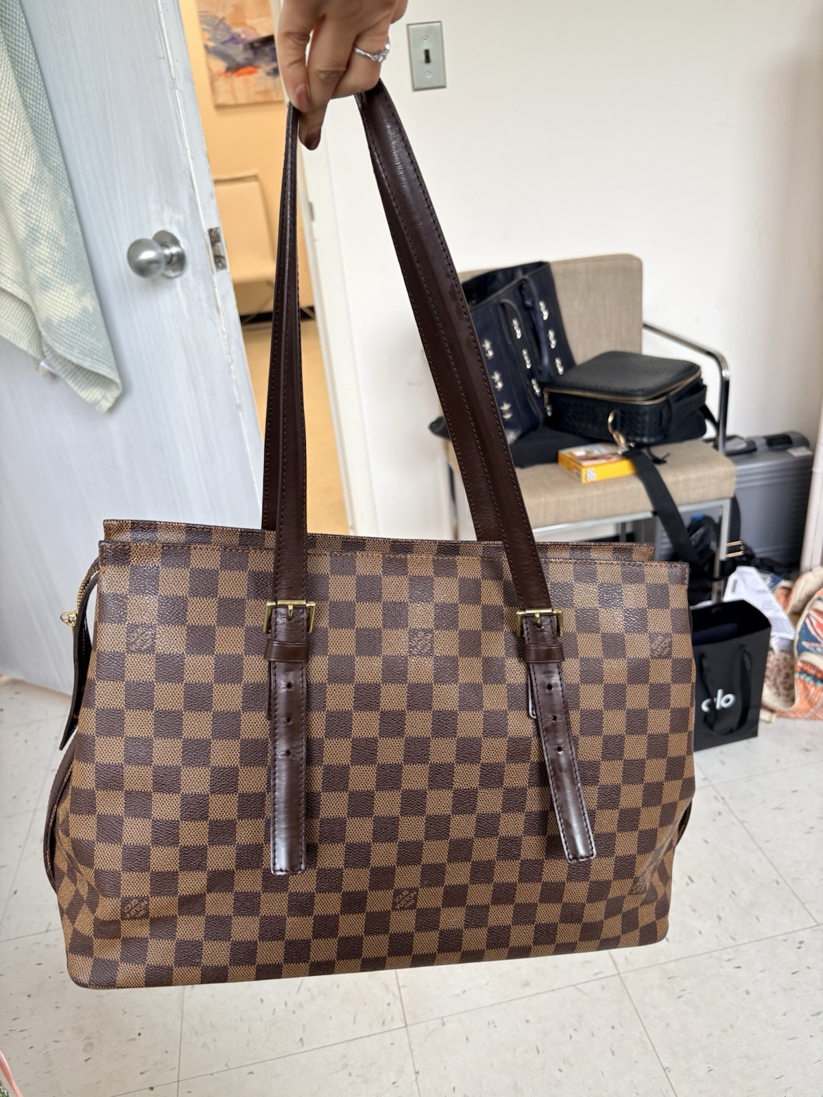 Louis Vuitton Damier Ebene Brown Shoulder Bag w/ Zip, Gold Hardware, Red Lining