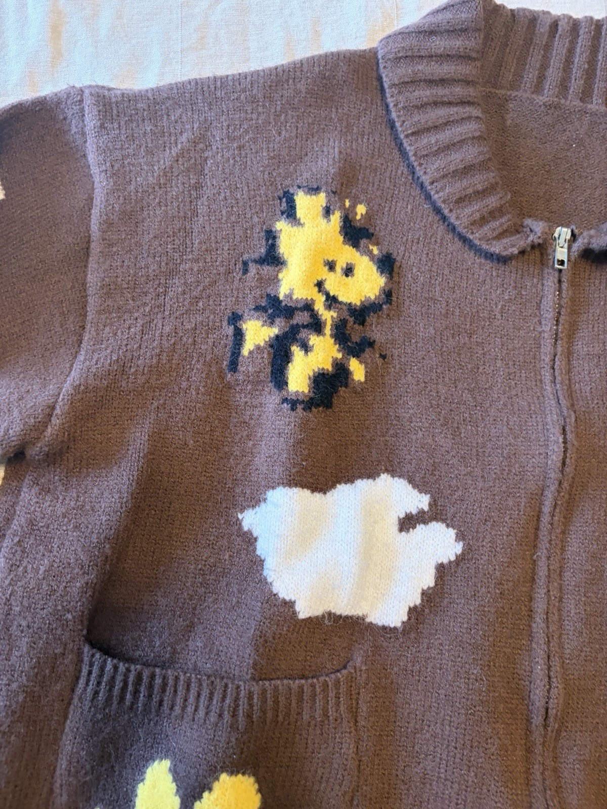 Vintage Peanuts Snoopy Woodstock Brown Knit Cardigan Sweater Full Zip Pockets L