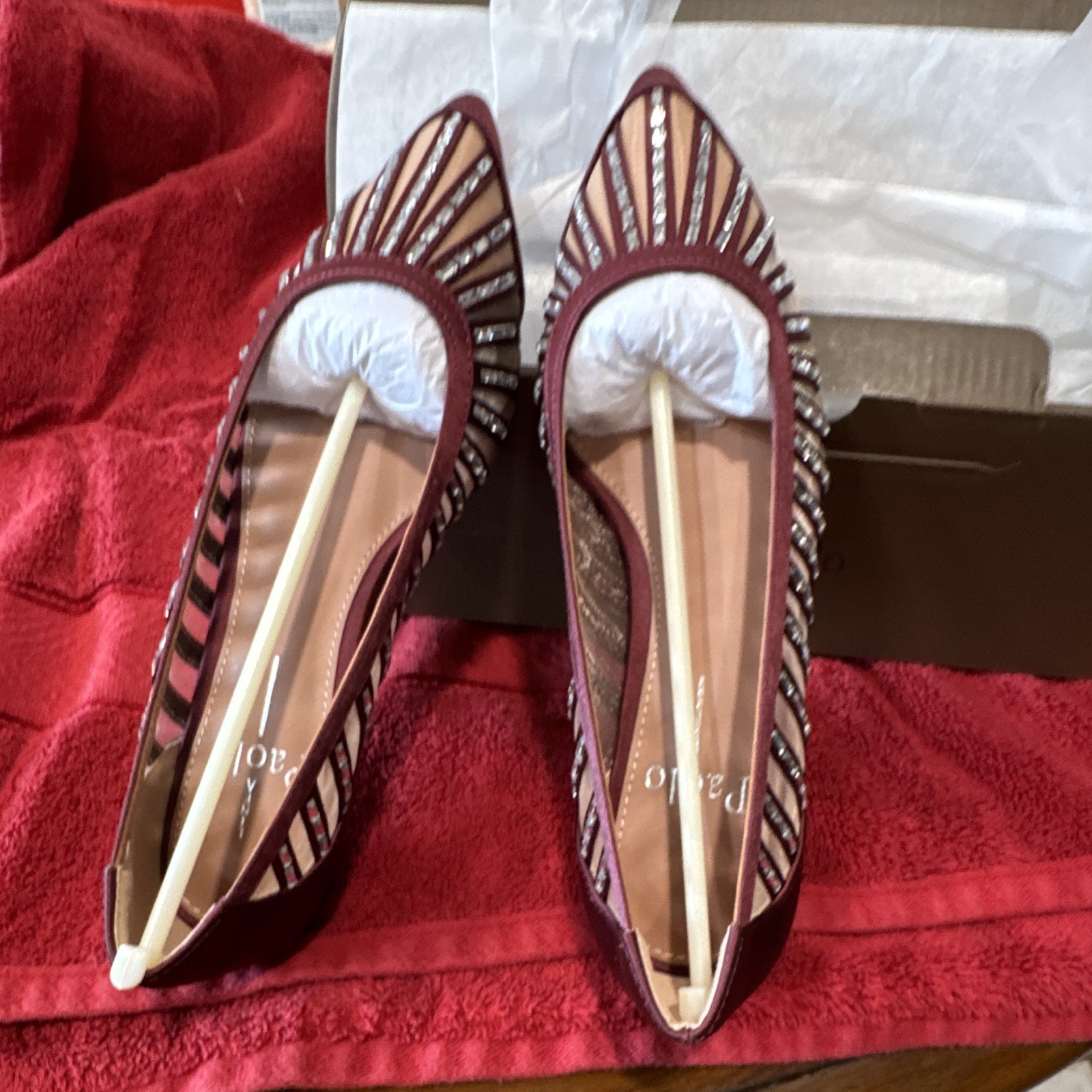 Linea Paolo Women’s Burgundy Satin Slip-On Pointed Toe Striped Flats US 5 M