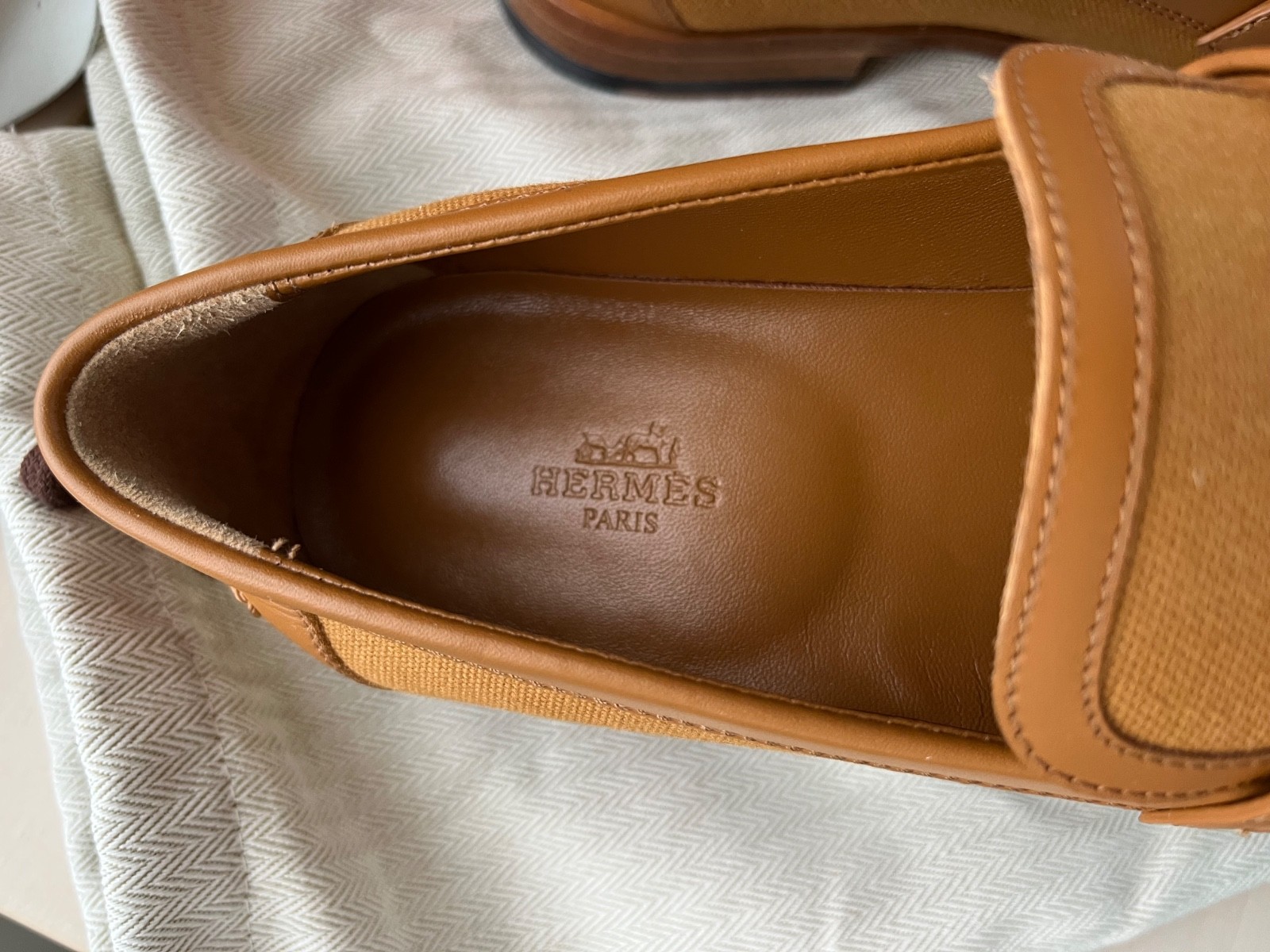 NIB Hermes Destin Loafer Toile/Veau Leather Naturel/Beige Dore 38