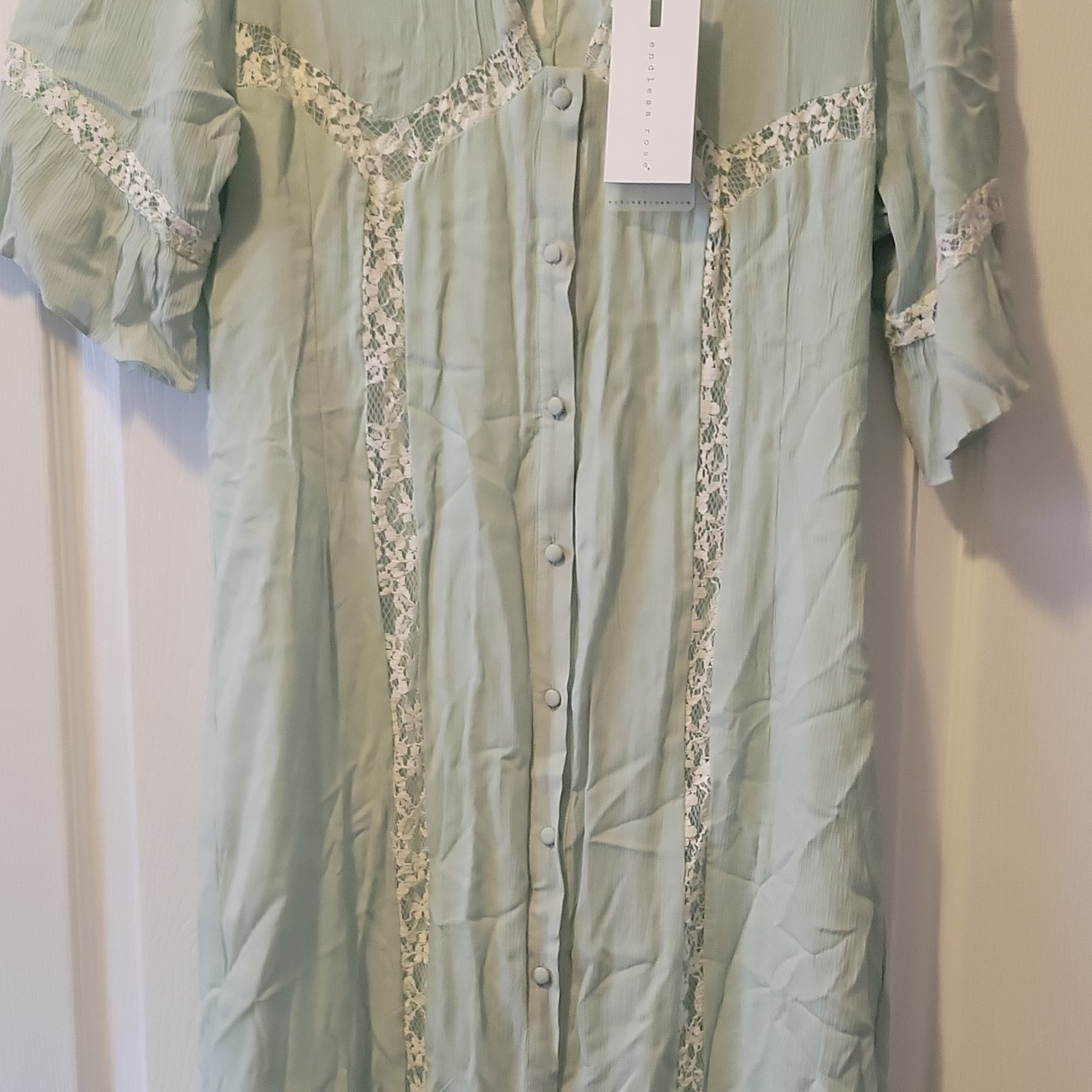 Endless Rose Women’s Green Lace Trim Button Front 3/4 Sleeve Gown Size L