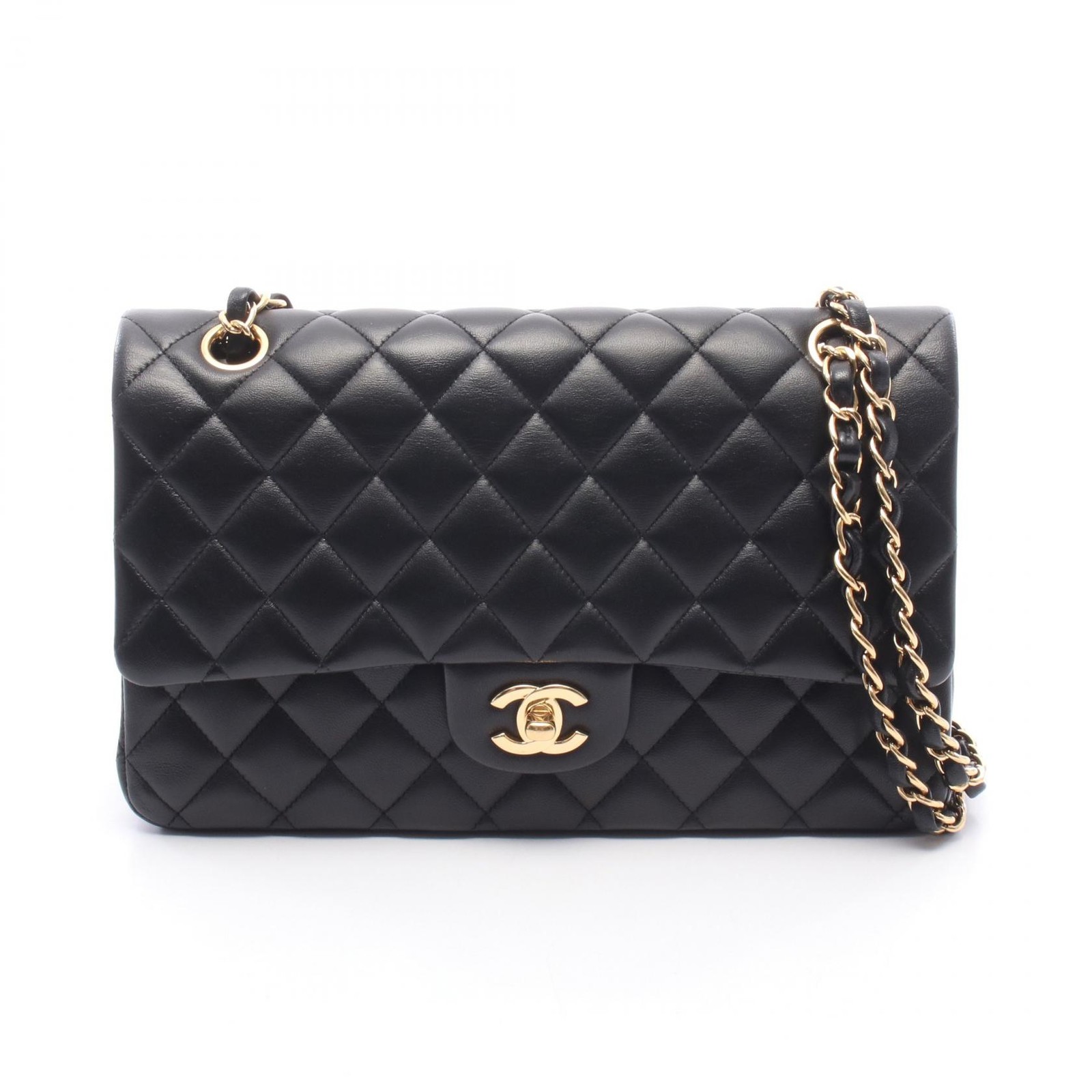 CHANEL Matelasse Double Flap Chain Shoulder Bag Lambskin Black GHW Used Women