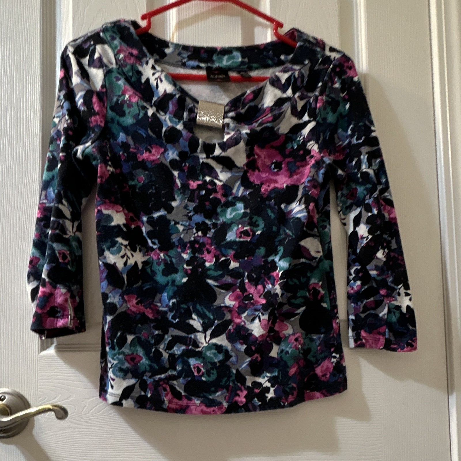 Rafaella Petite PS Multicolor Floral Knit Scoop Neck 3/4 Sleeve Stretch Top