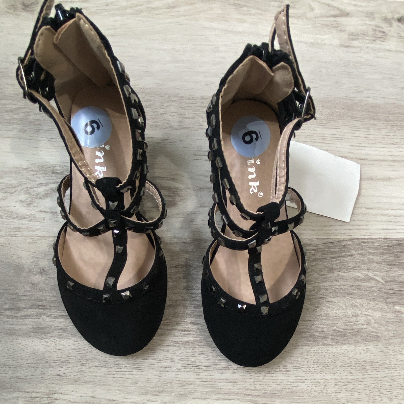 Pink Women’s Black Faux Suede Strappy Studded Closed Toe Ankle Strap 6