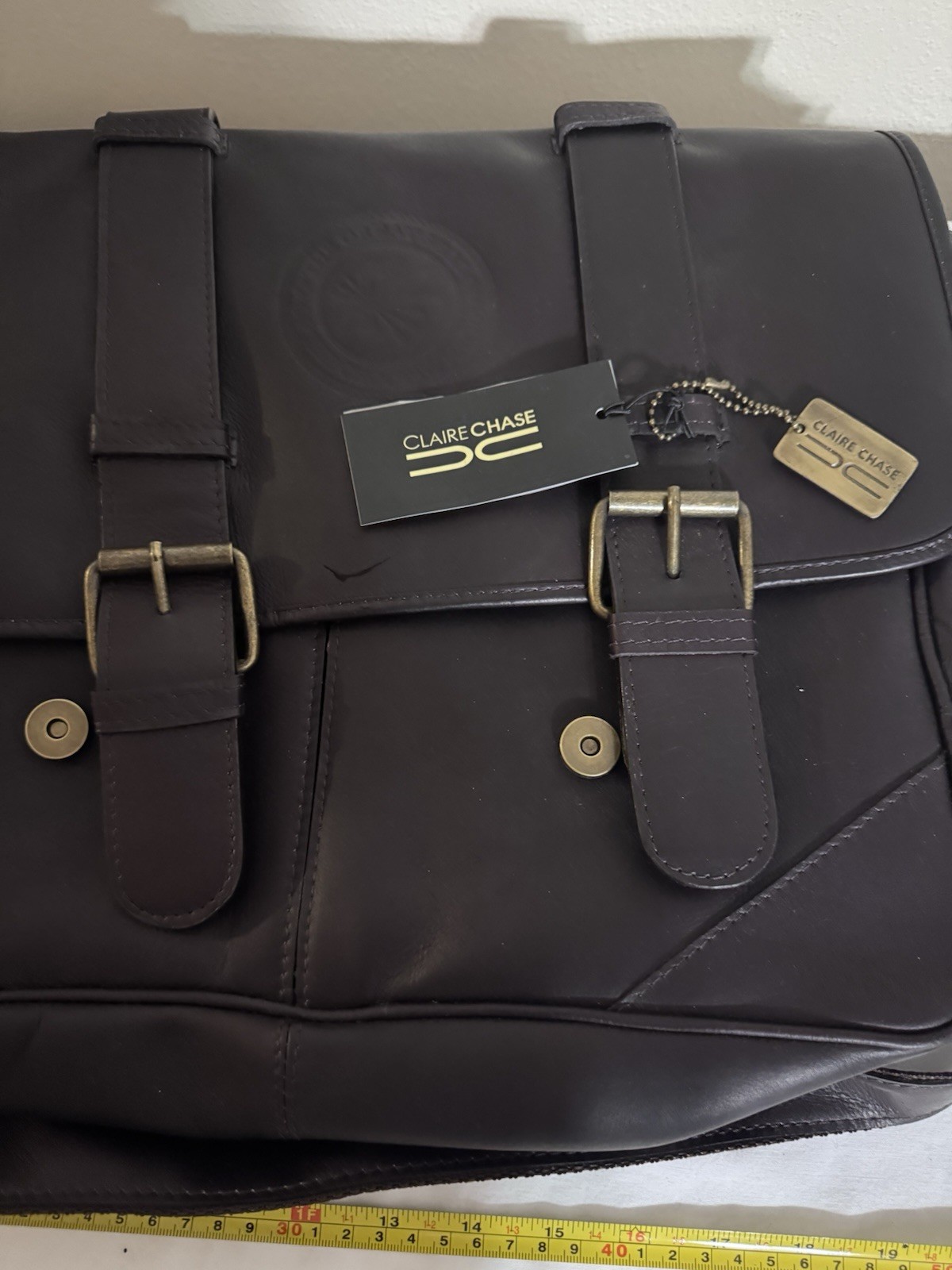 Claire Chase Brown Messenger Bag Buckle Flap Shoulder Strap Pockets Brass