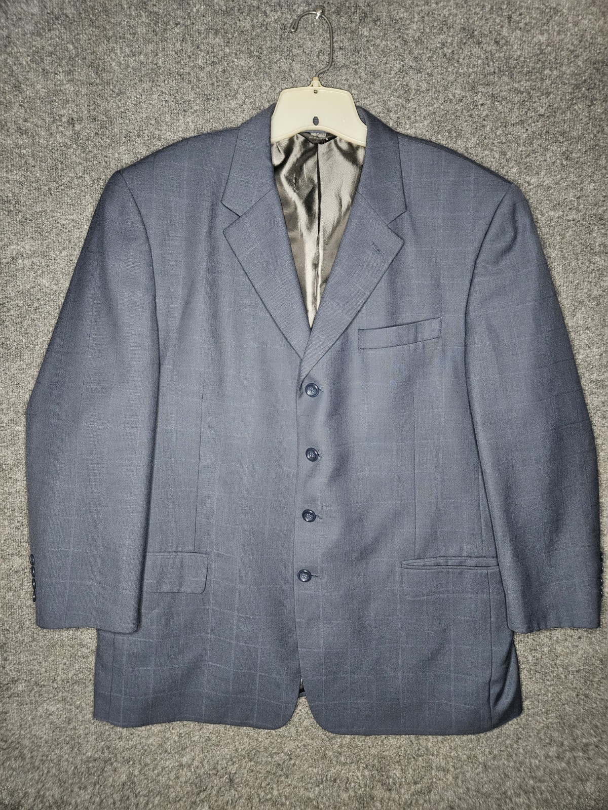 Lineage Men’s 2Pc Suit 46R Jacket 40W Pants Blue Windowpane Plaid Superior 150s