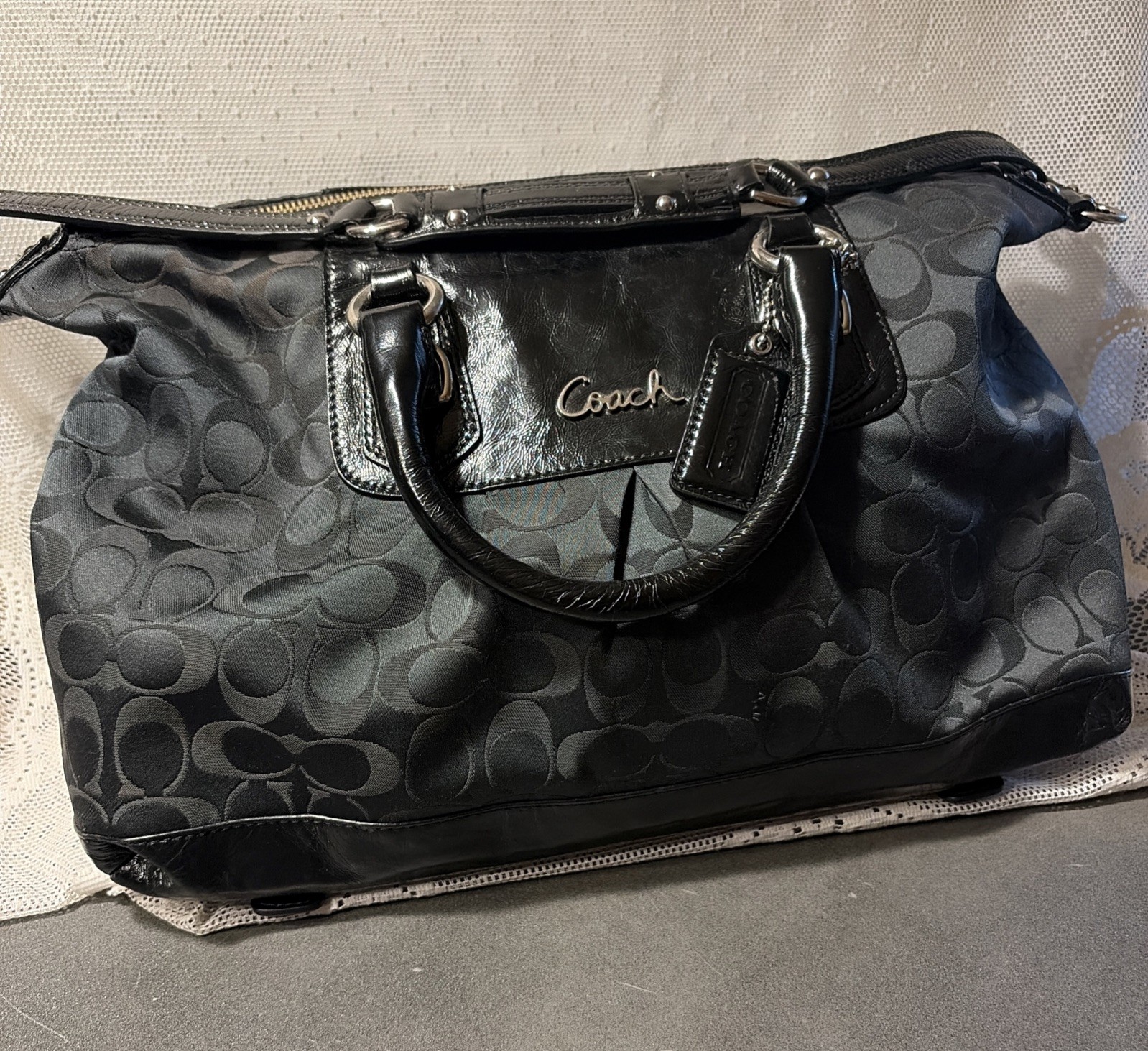 Coach Ashley Signature Sateen Large Satchel Black Canvas Leather Bag F15440 Nice