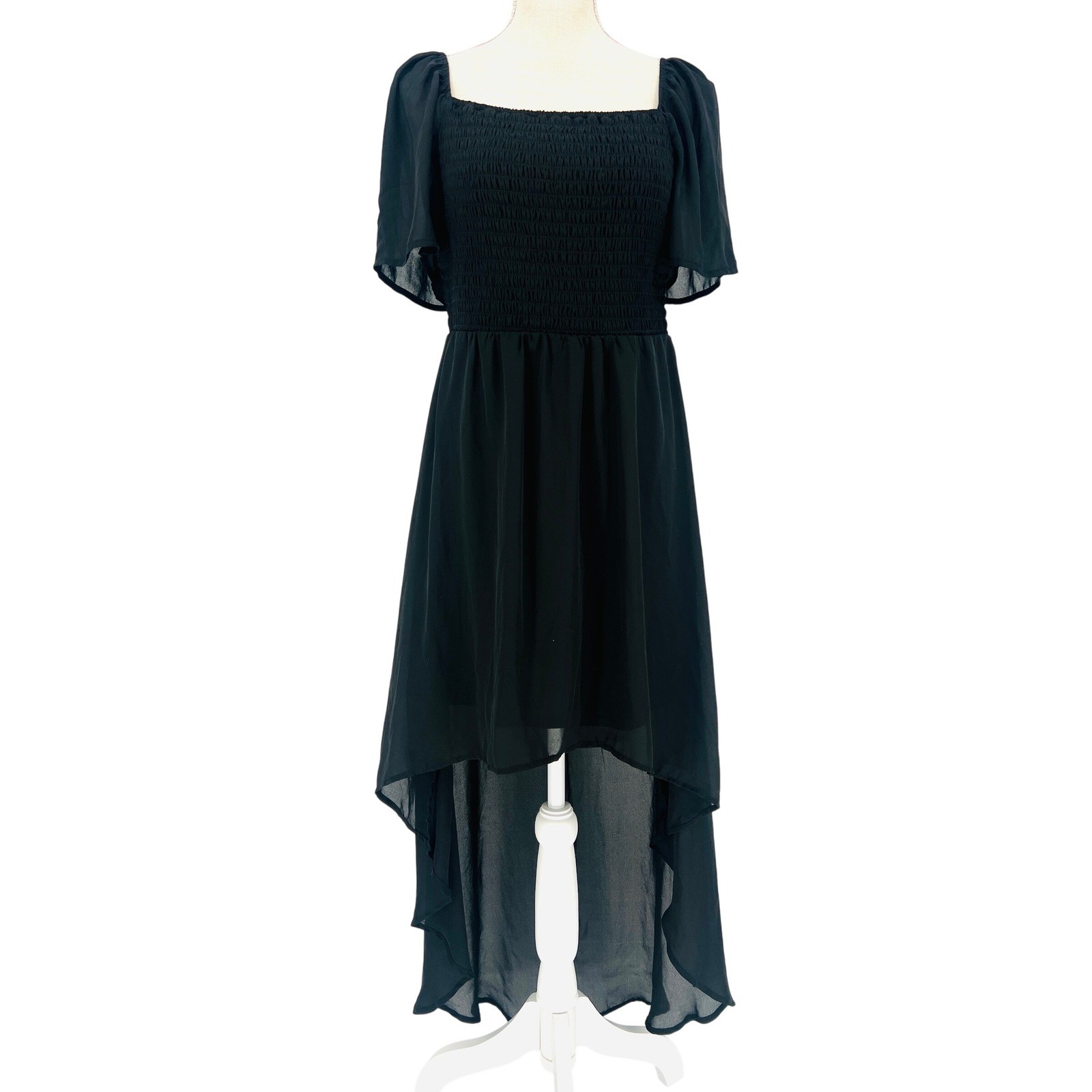 Lily Rose High Low Dress Womens Large Black Smocked Chiffon Flutter Sleeve Goth