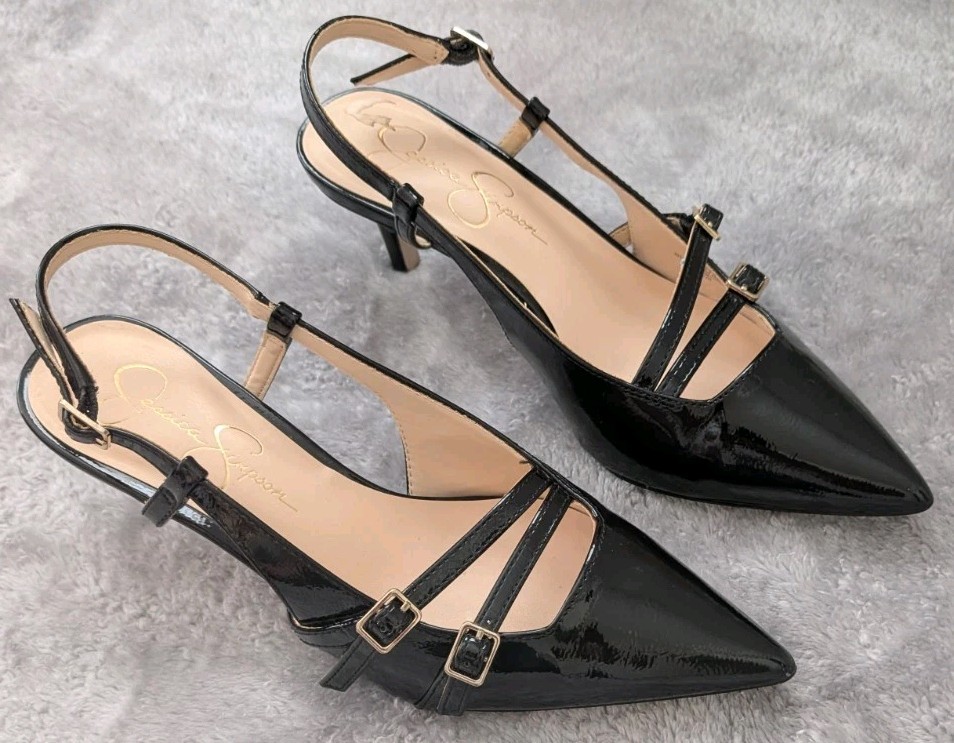 Jessica Simpson Black Patent Leather Slingback Kitten Heel Sz 8 Pumps