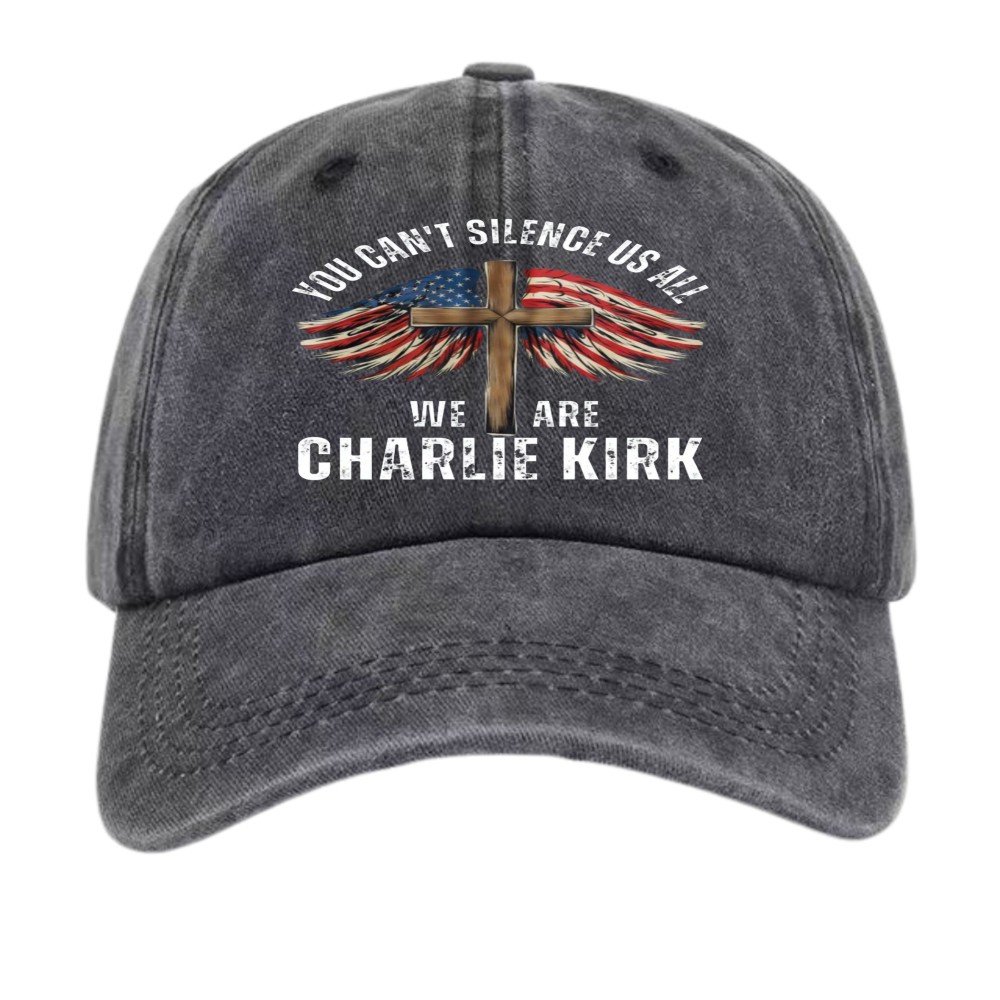 Patriotic Charlie Kirk Baseball Cap-Cross Flag”You Can’t Silence Us All” Dad Hat