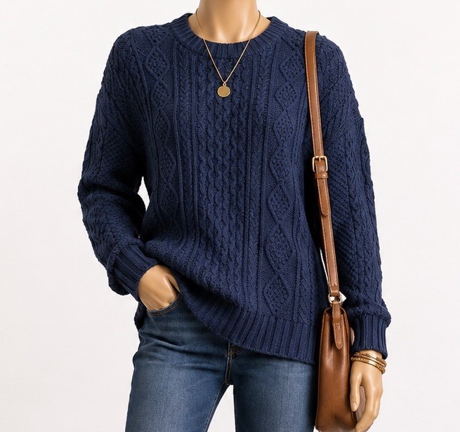 L.L.Bean Signature Women’s L Cable Chunky Knit Sweater 100% Cotton Navy Crewneck
